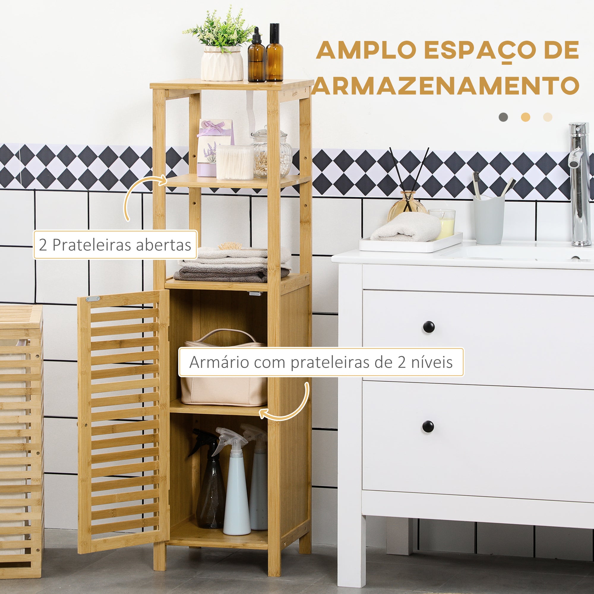 Armário Auxiliar Casa de Banho de Bambu Cor de Madeira Natural 32,9x29,9x120 cm