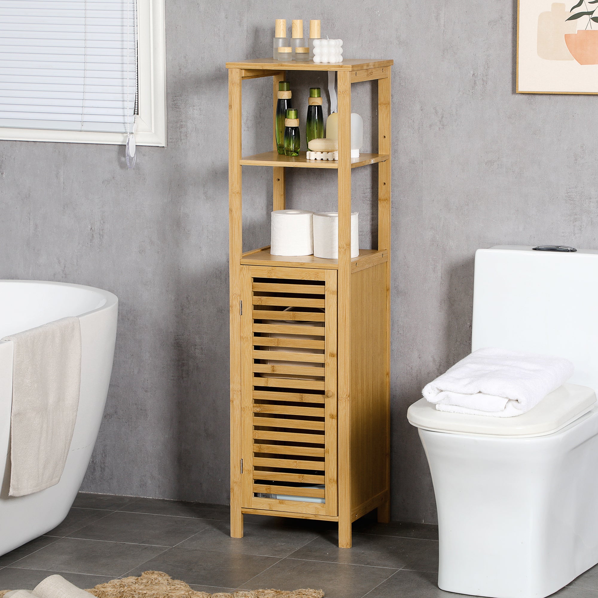 Armário Auxiliar Casa de Banho de Bambu Cor de Madeira Natural 32,9x29,9x120 cm