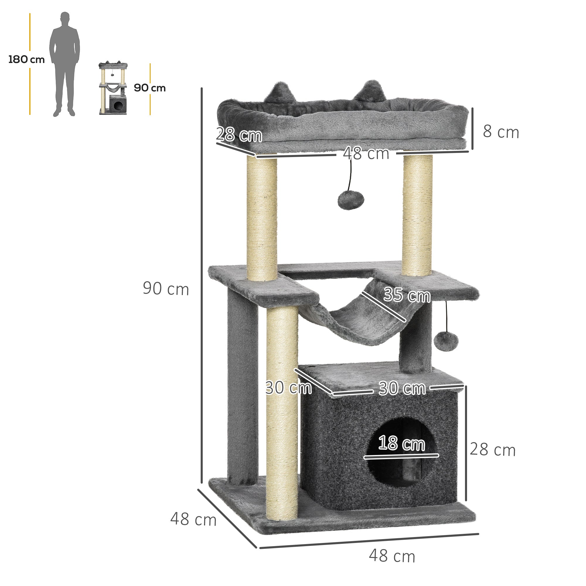 Arranhador para Gatos Altura 90 cm Cinzento