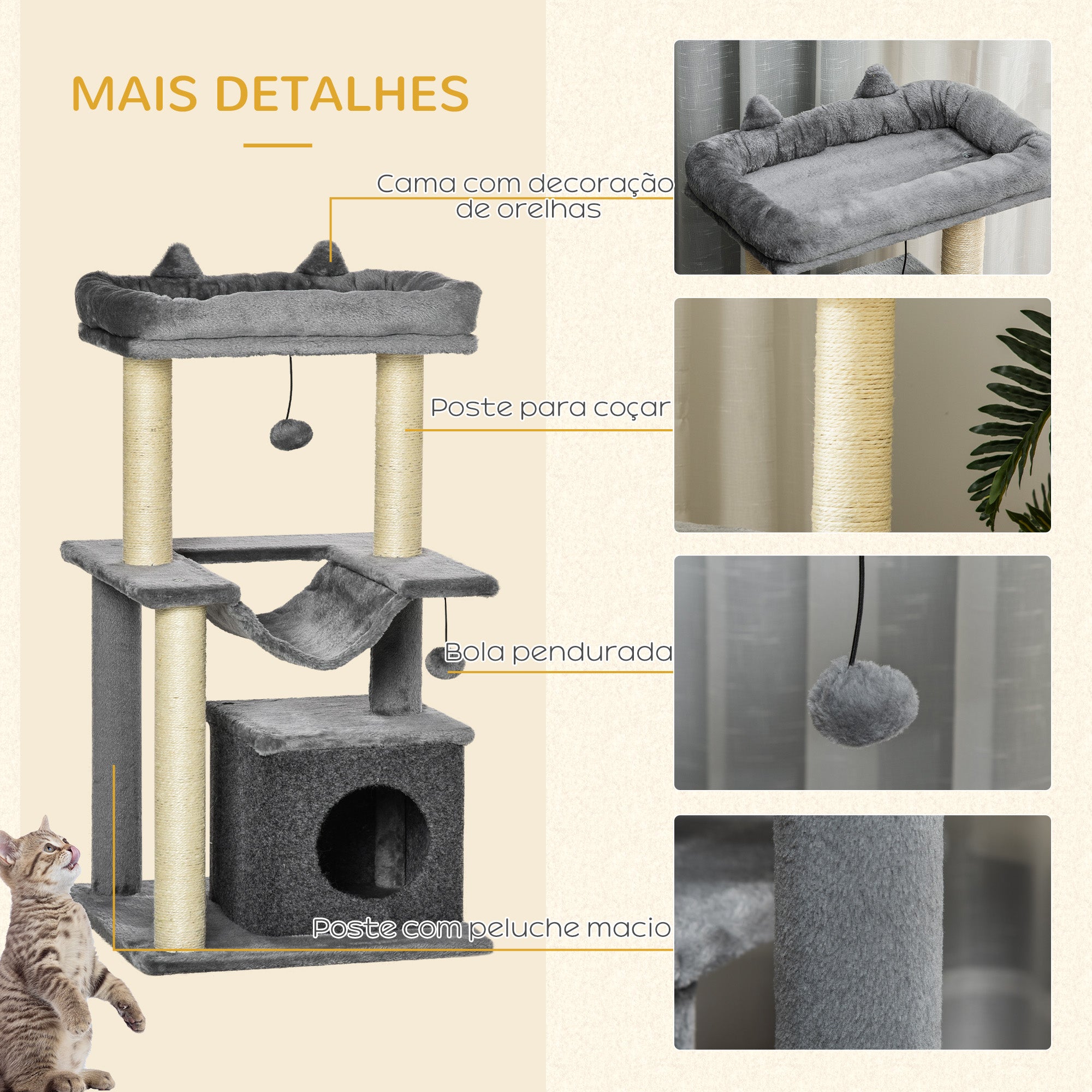 Arranhador para Gatos Altura 90 cm Cinzento
