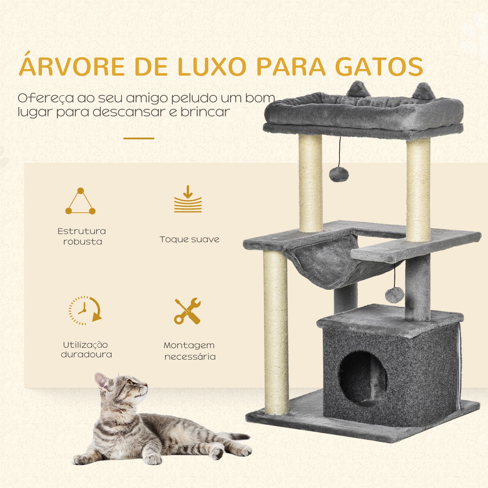 Arranhador para Gatos Altura 90 cm Cinzento