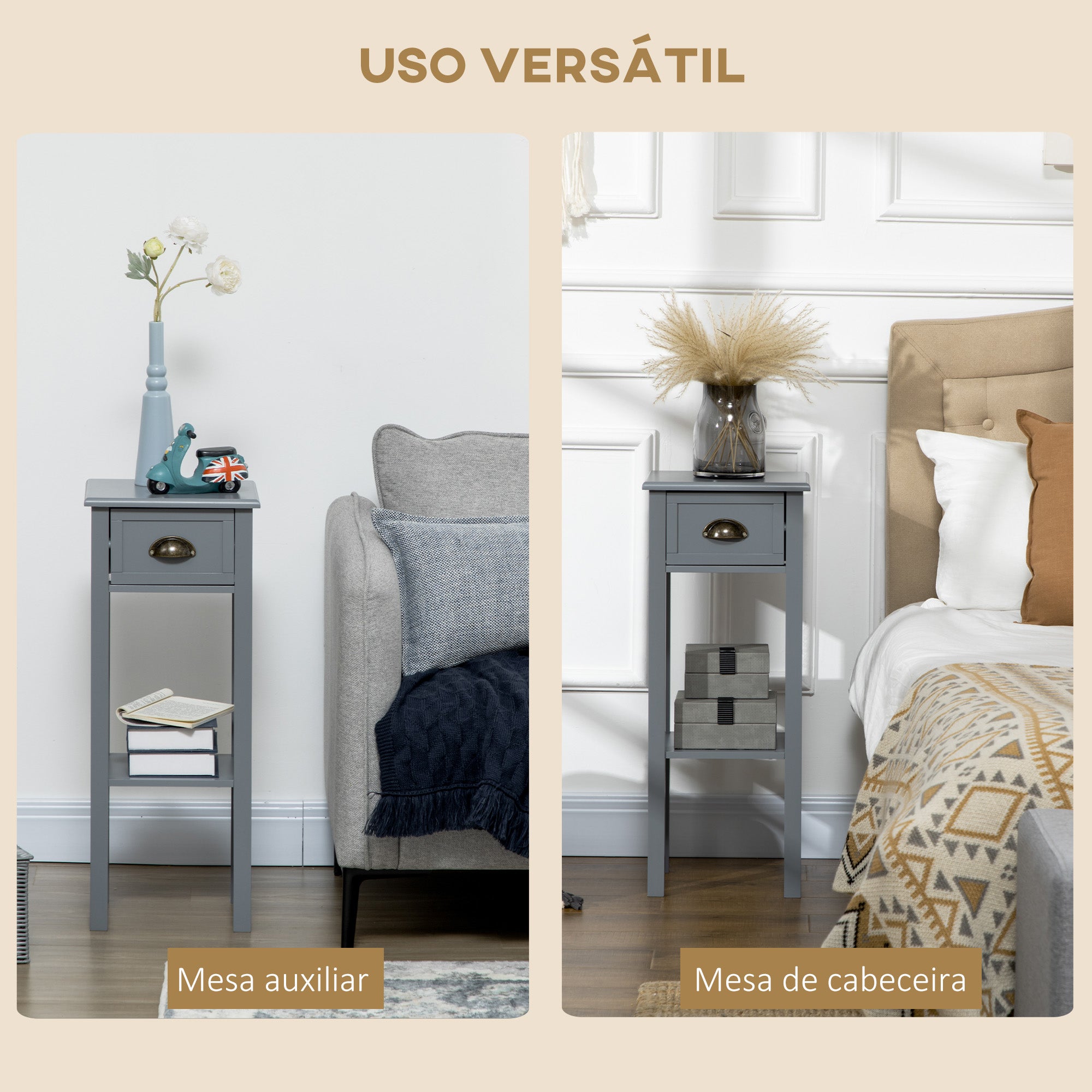 Mesa Auxiliar com Gaveta e Prateleira de Armazenamento – 30x30x75 cm – Cinzento – MDF