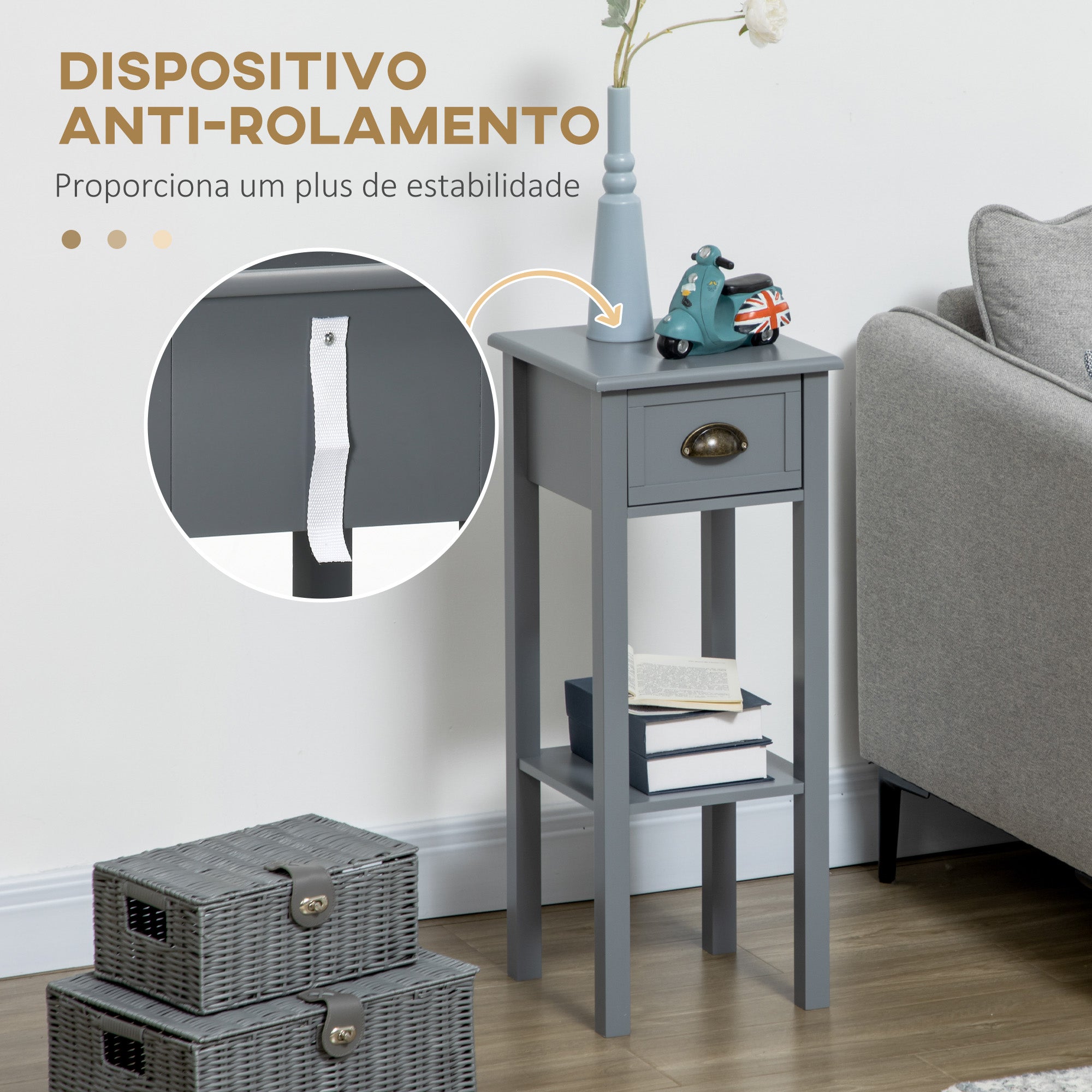 Mesa Auxiliar com Gaveta e Prateleira de Armazenamento – 30x30x75 cm – Cinzento – MDF