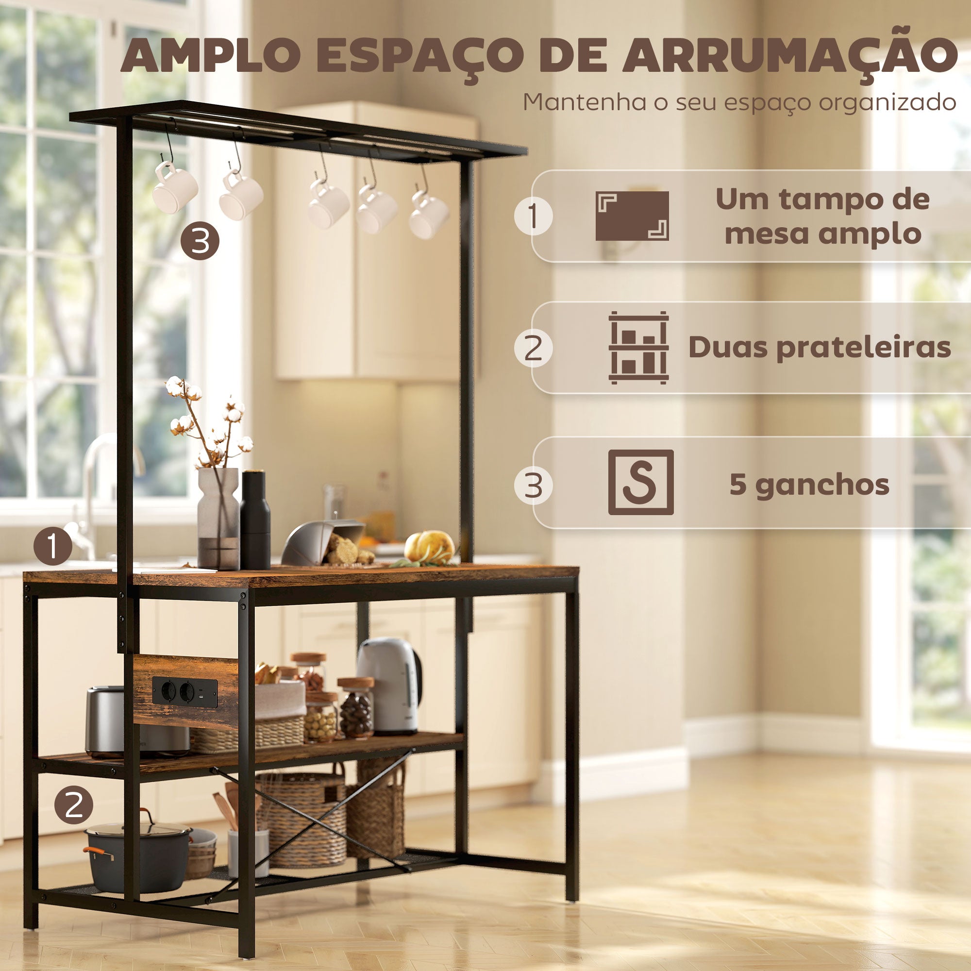 Ilha de Cozinha com Tomada de Corrente 116x70x182 cm - Castanho Rústico
