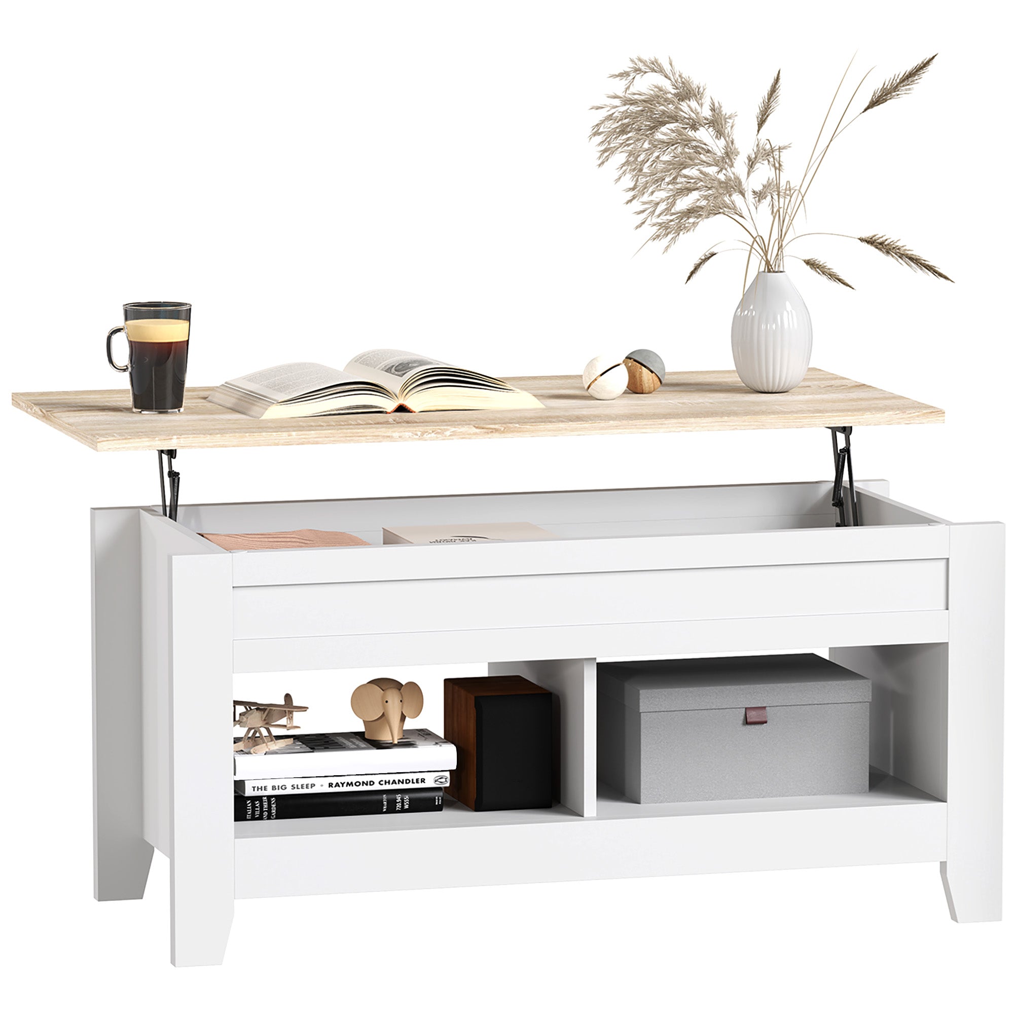 Mesa de Centro com Bancada Elevável 105x50x49 cm - Branco e Madeira