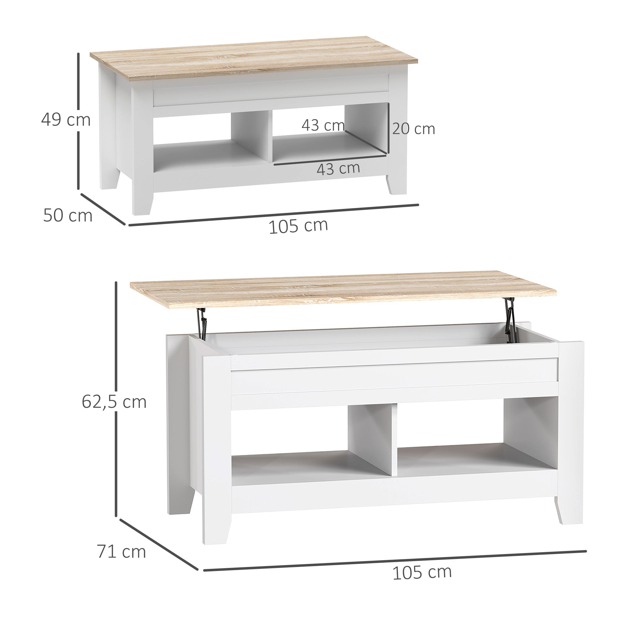 Mesa de Centro com Bancada Elevável 105x50x49 cm - Branco e Madeira