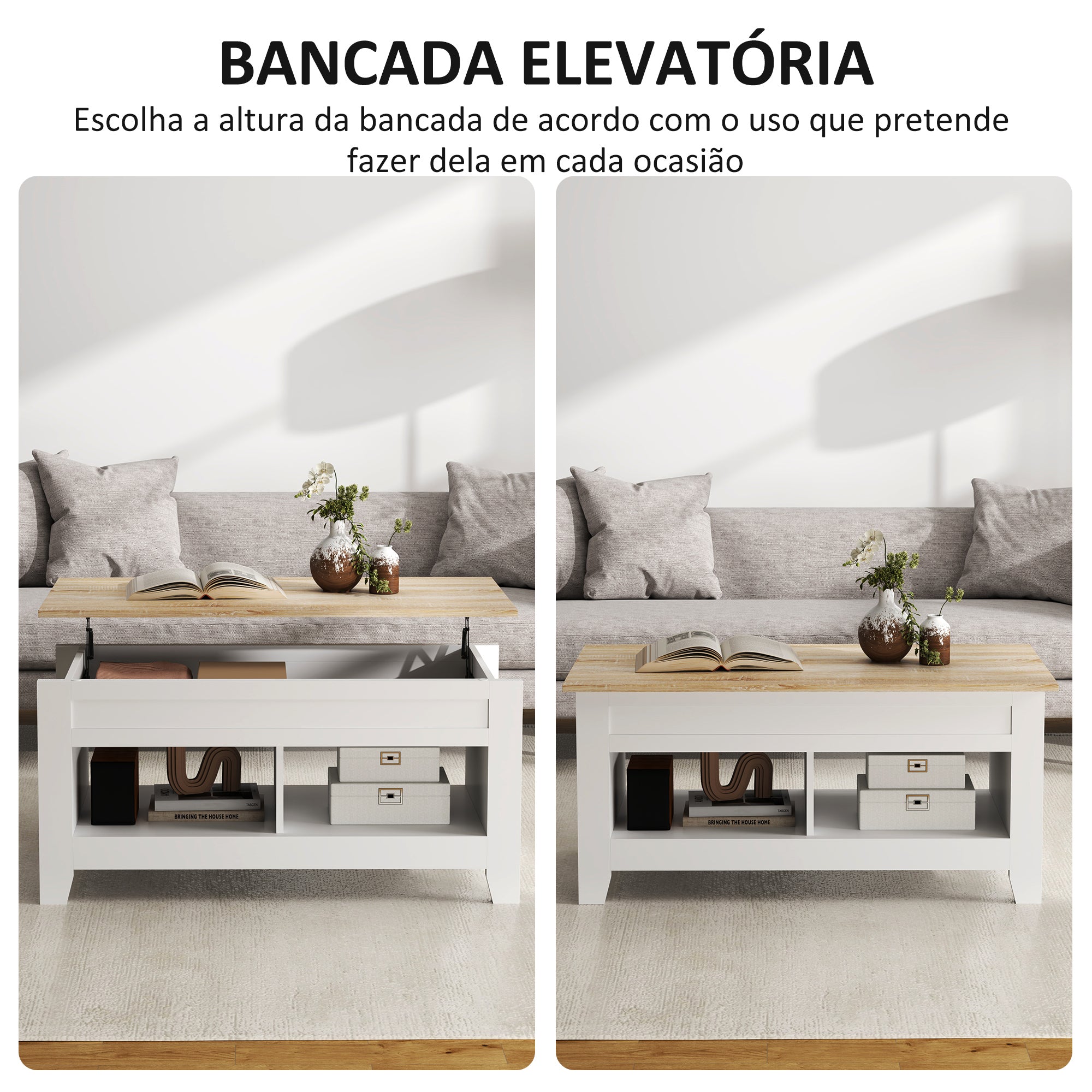 Mesa de Centro com Bancada Elevável 105x50x49 cm - Branco e Madeira