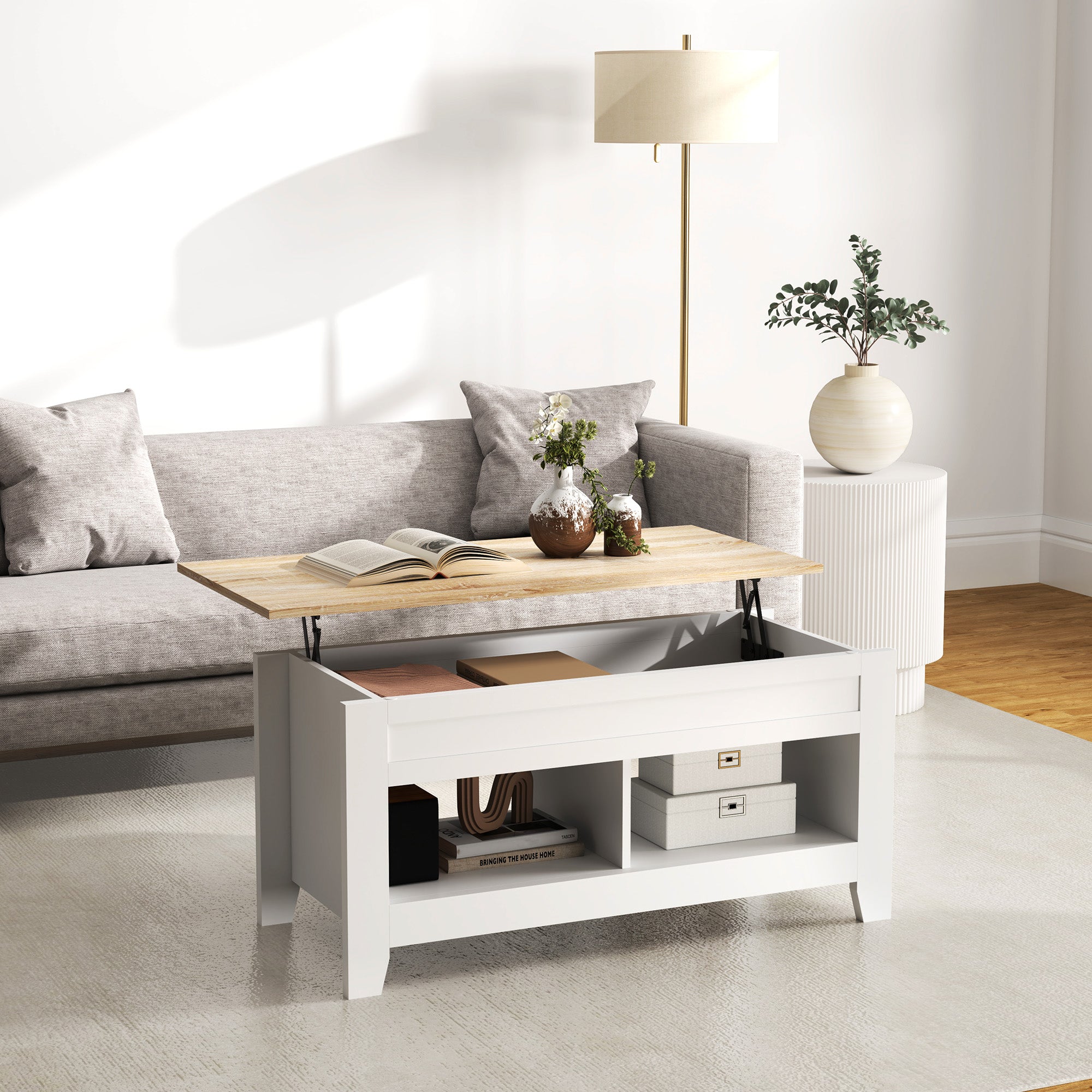 Mesa de Centro com Bancada Elevável 105x50x49 cm - Branco e Madeira