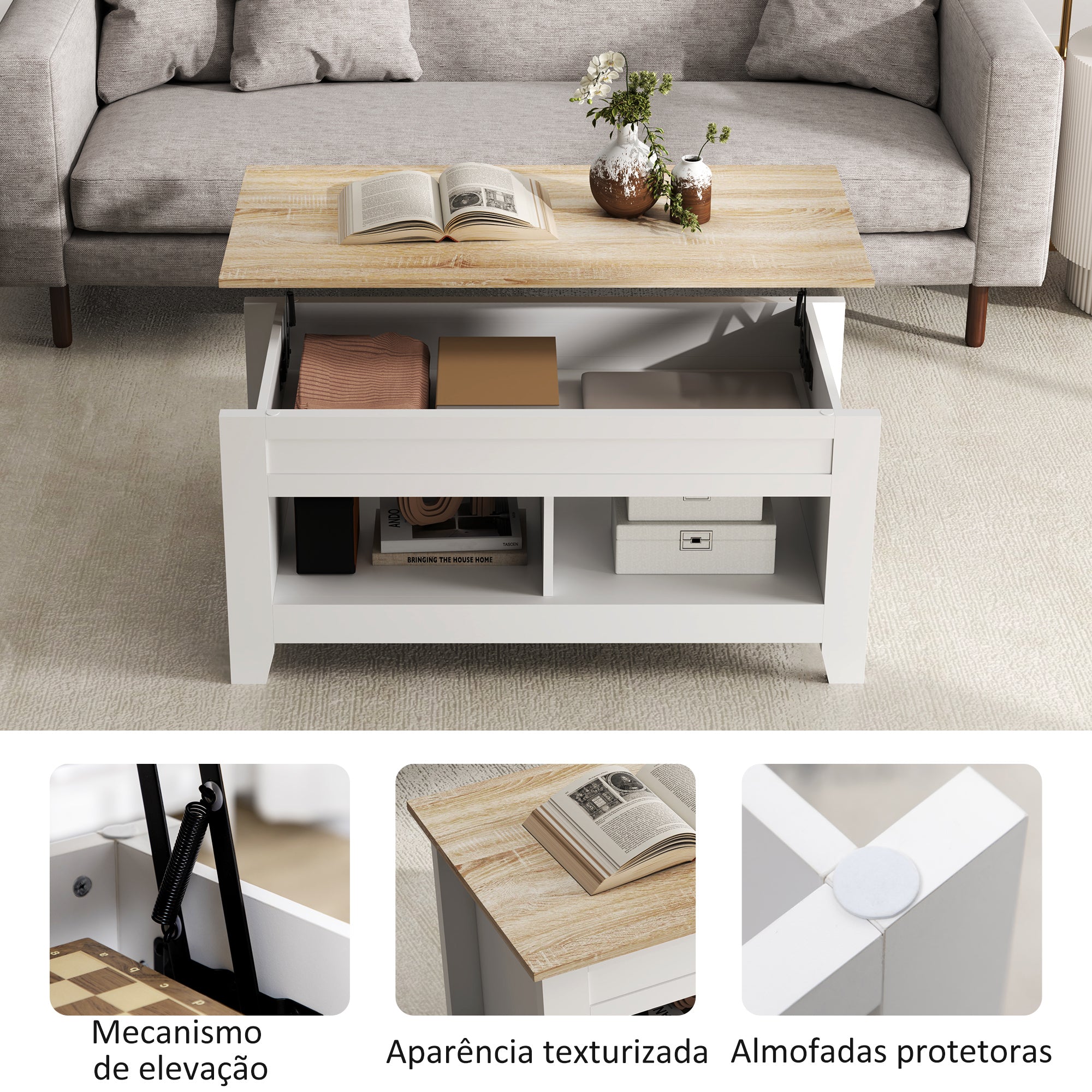 Mesa de Centro com Bancada Elevável 105x50x49 cm - Branco e Madeira