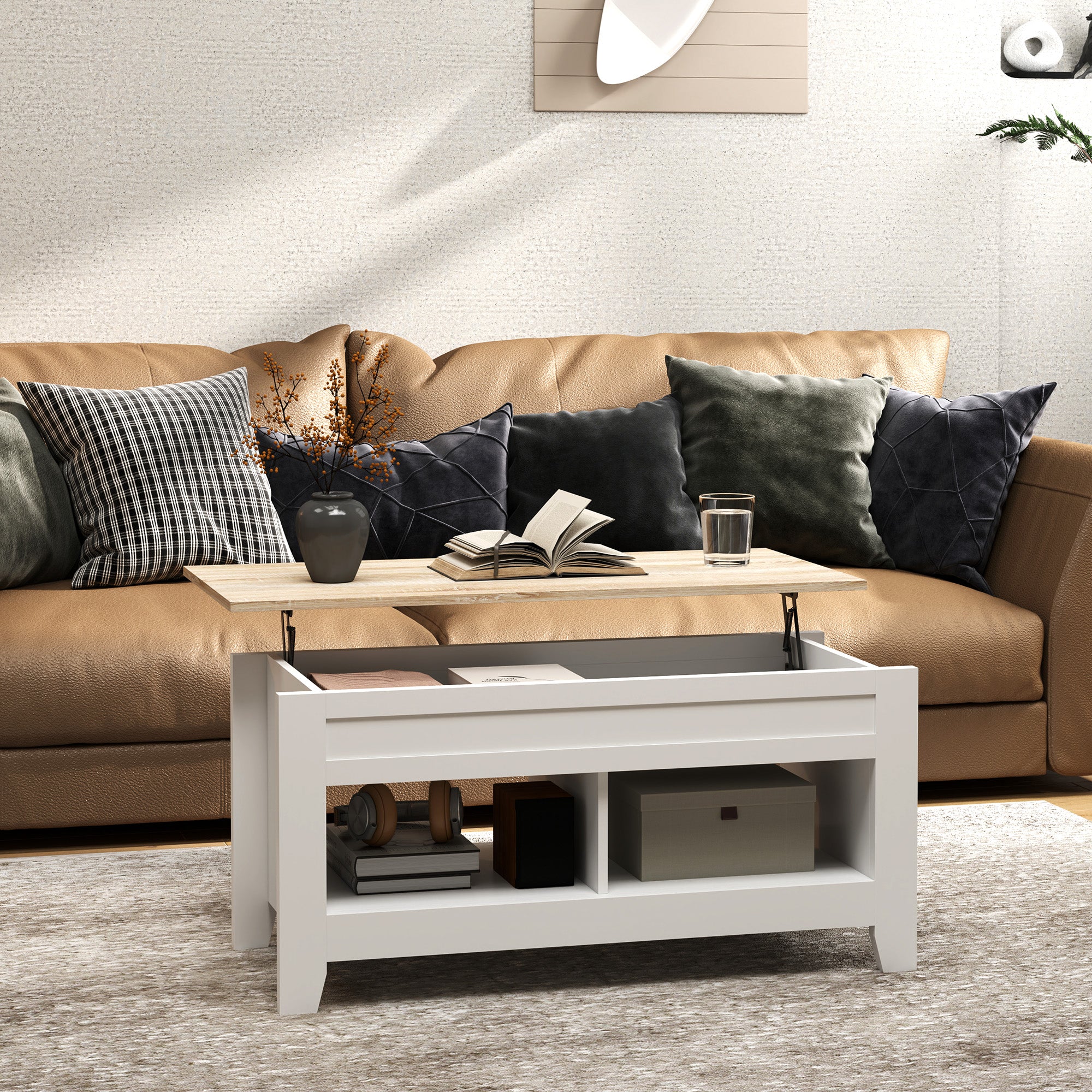 Mesa de Centro com Bancada Elevável 105x50x49 cm - Branco e Madeira