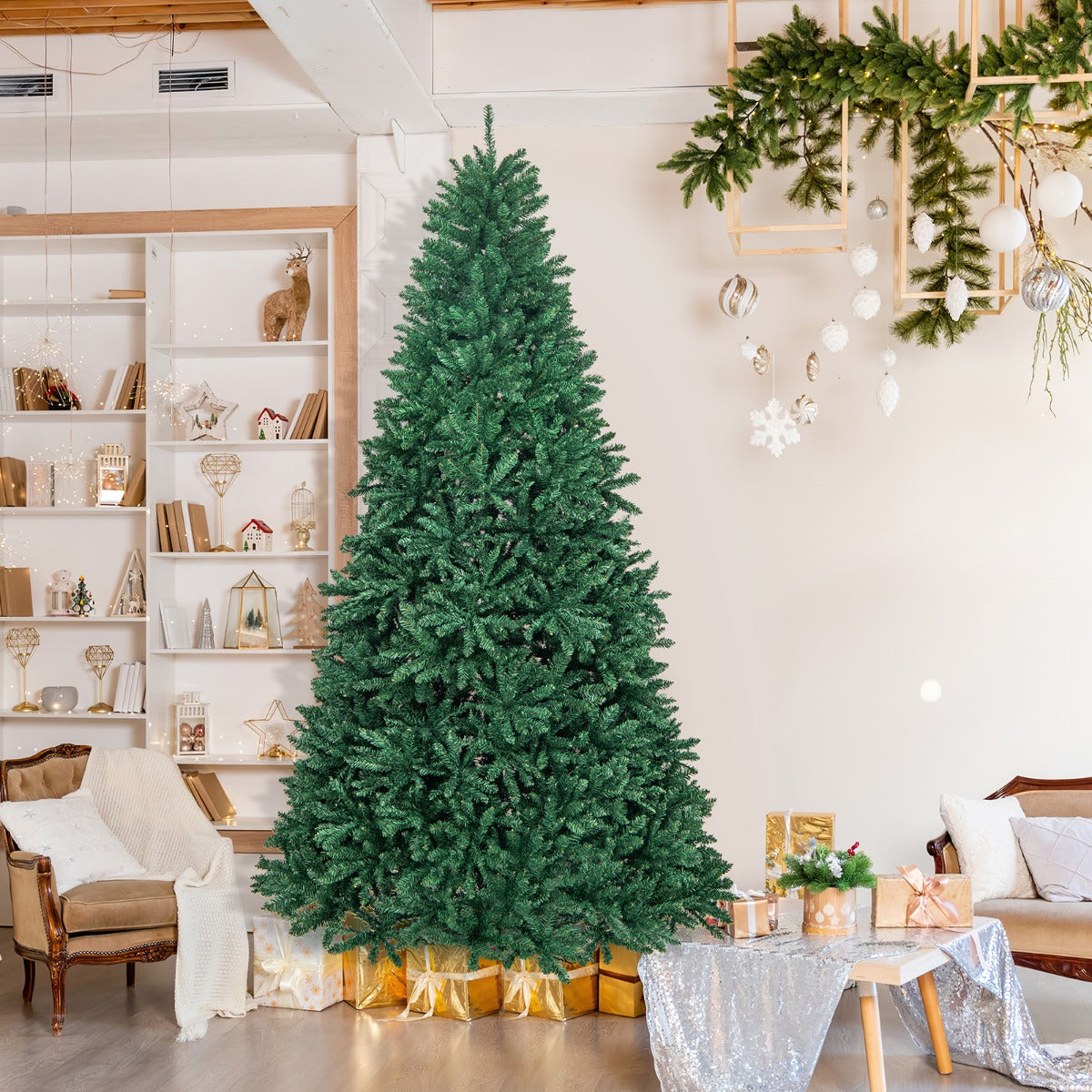 Árvore de Natal Abeto Artificial Não Iluminado com 2,70m e Base de Metal Dobrável - Decoração para Casa e Escritório