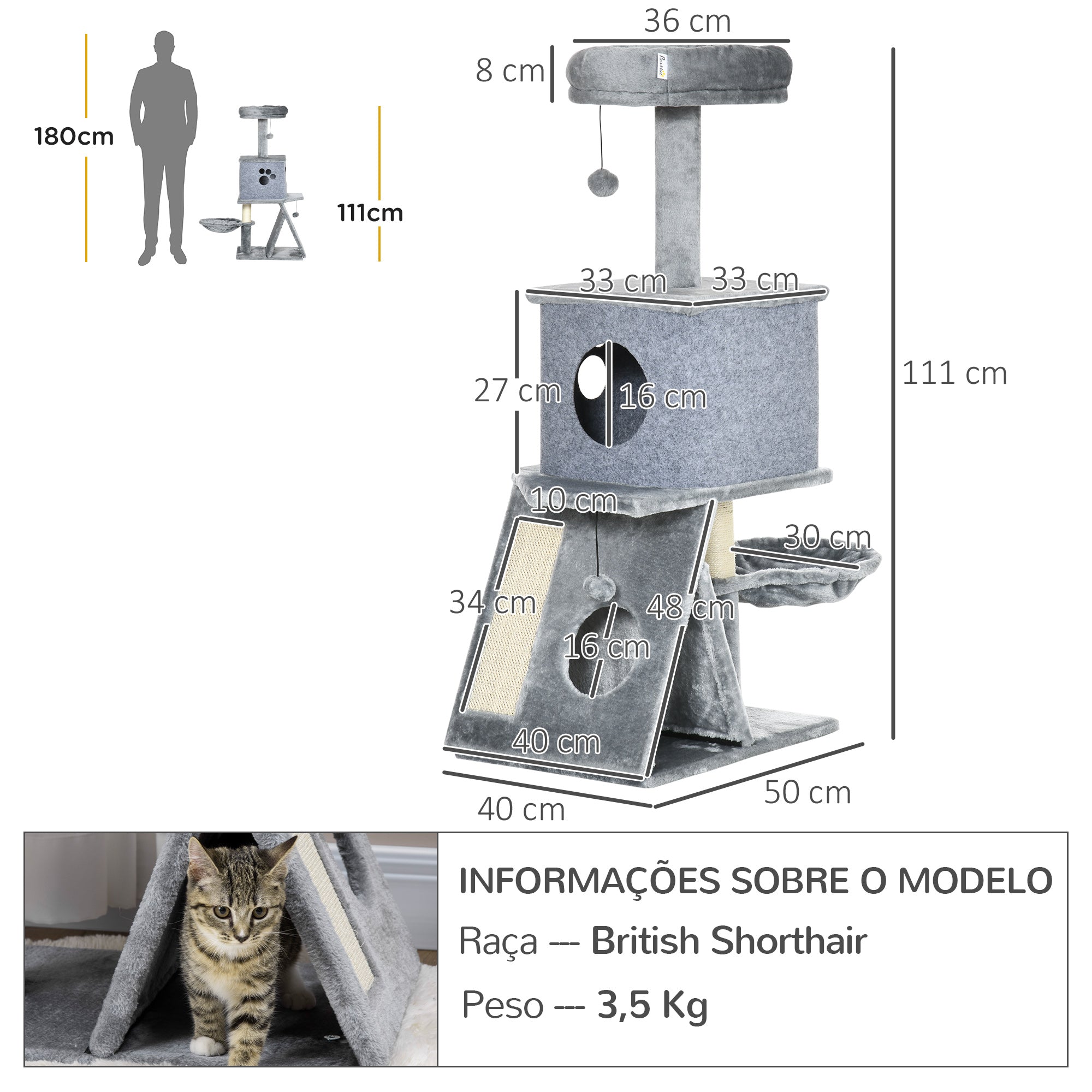Torre Arranhador para Gatos Cinzento 50x40x111 cm