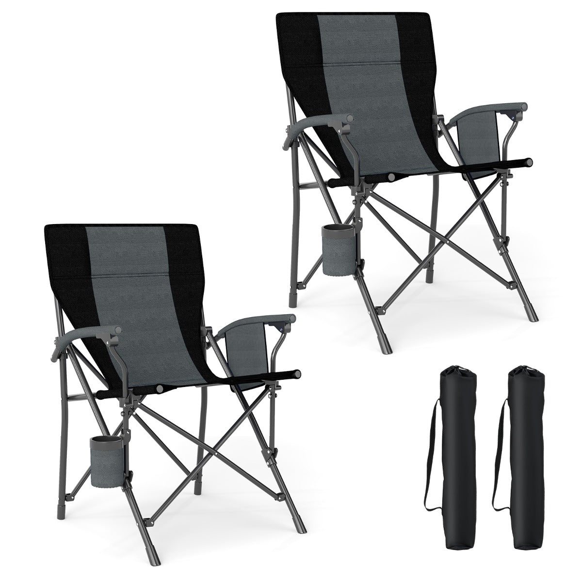 Conjunto de 2 Cadeiras de Campismo Dobráveis com Porta-copos e Bolso Lateral e Apoios de Braços Acolchoados para Pesca 59 x 63 x 89 cm Preto e Cinzento