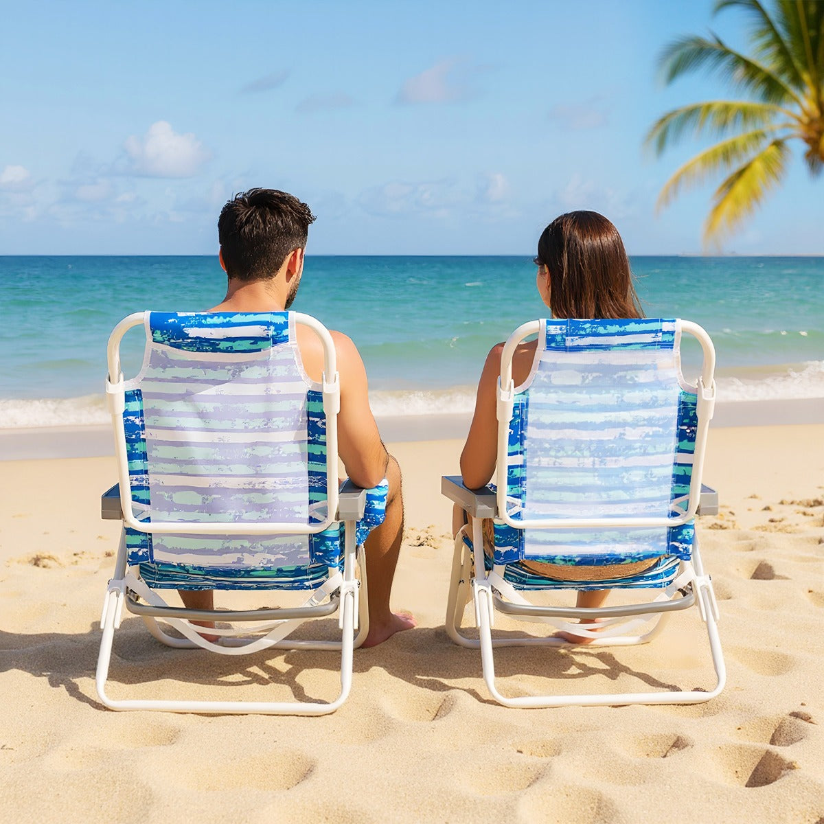 Conjunto de 2 Cadeiras de Praia Dobráveis Reclináveis Leves com 5 Posições Ajustáveis Almofada para a Cabeça Barra para Toalhas Azul