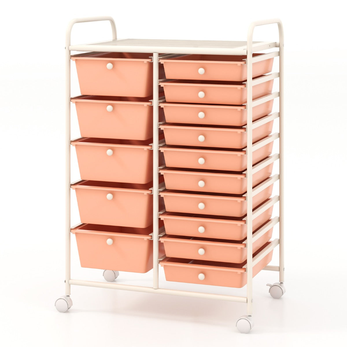 Carro de Armazenamento com 15 Gavetas Desmontáveis e Rodas Bloqueáveis 63 x 37 x 87cm Cor-de-Rosa Claro