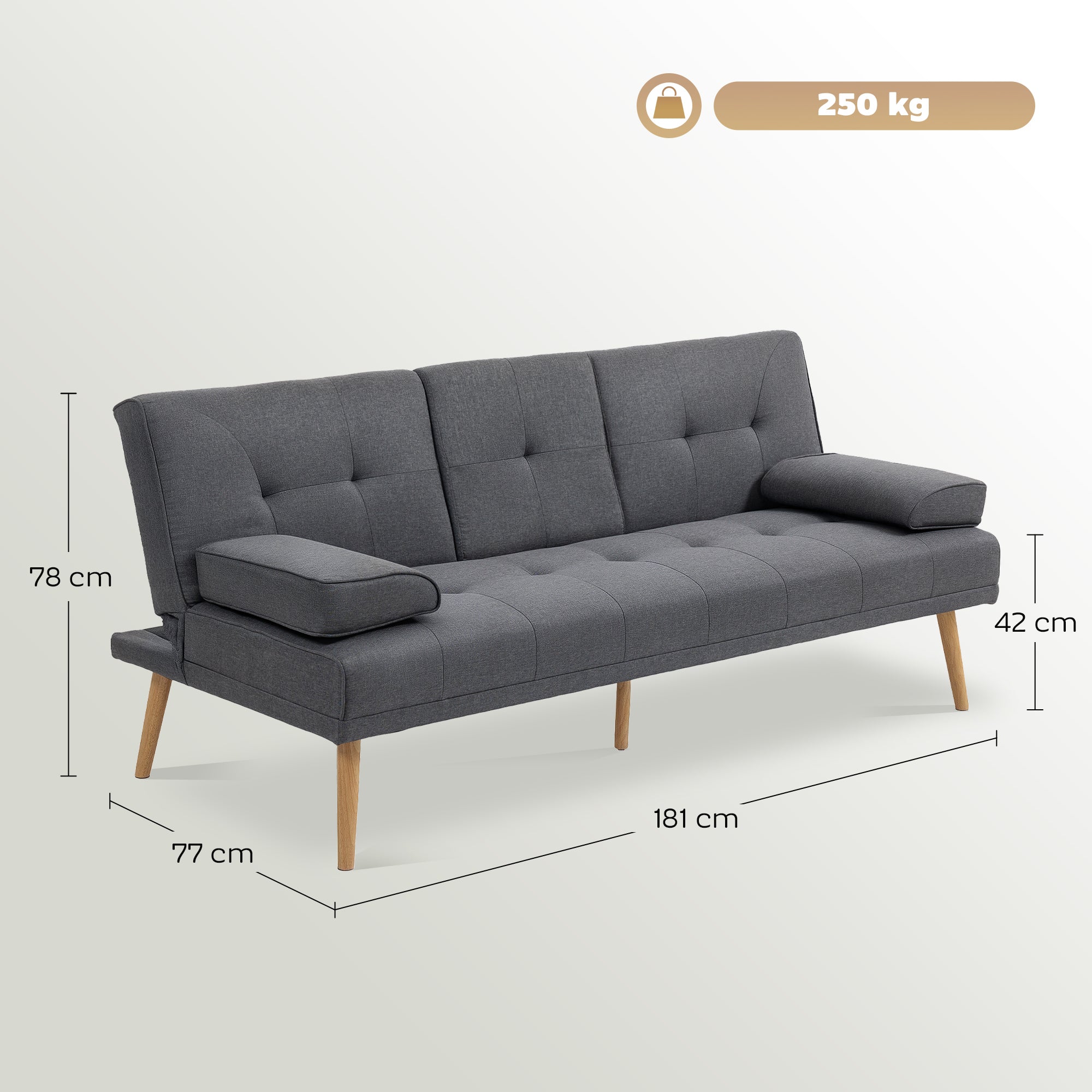 Sofá-Cama 3 Lugares – 181x77x78 cm – Cinza – Tecido de linho
