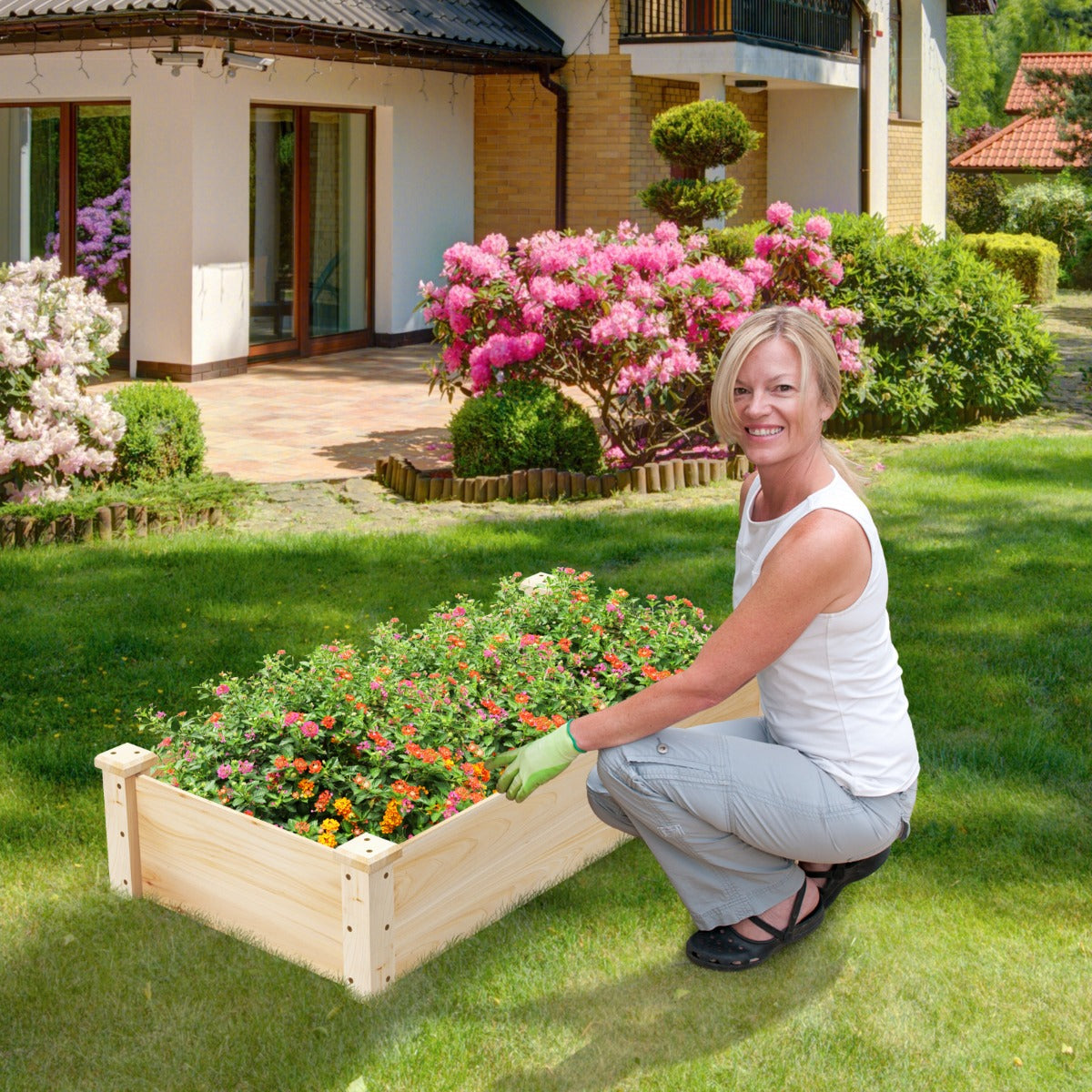 Cama de Jardim Elevada de Madeira Retangular para Plantas - 120 x 61 x 25,5 cm Natural