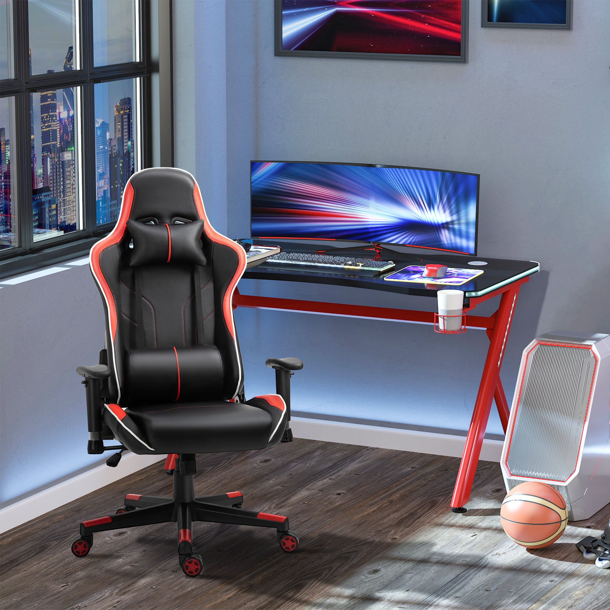 Cadeira Gaming Profissional Reclinável Ajustável em Altura, Vermelha e Preta 72 x 54 x (126-136) cm