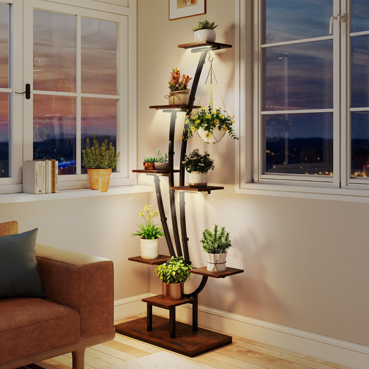 Estante de Plantas de Interior com Luzes em Metal de 8 Níveis com Gancho para Casa ou Escritório 67 x 30 x 156 cm Marrom e Preto