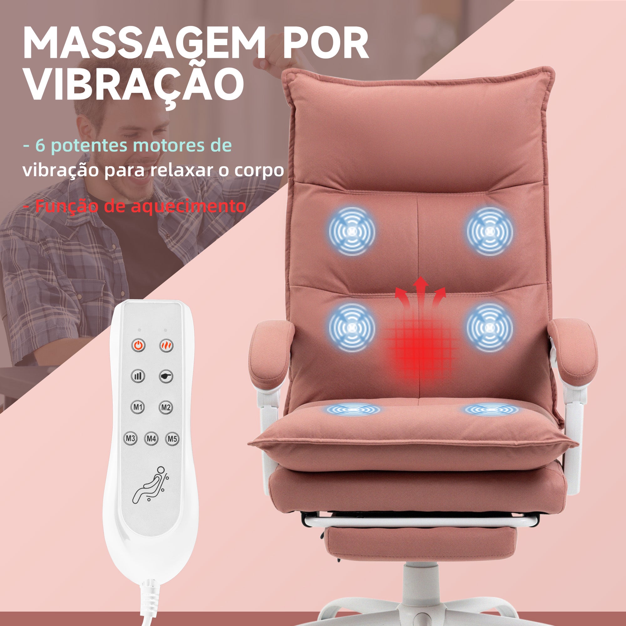 Cadeira de Escritório com Massagem Vibratória e Aquecimento 66x74x121.5 cm Rosa