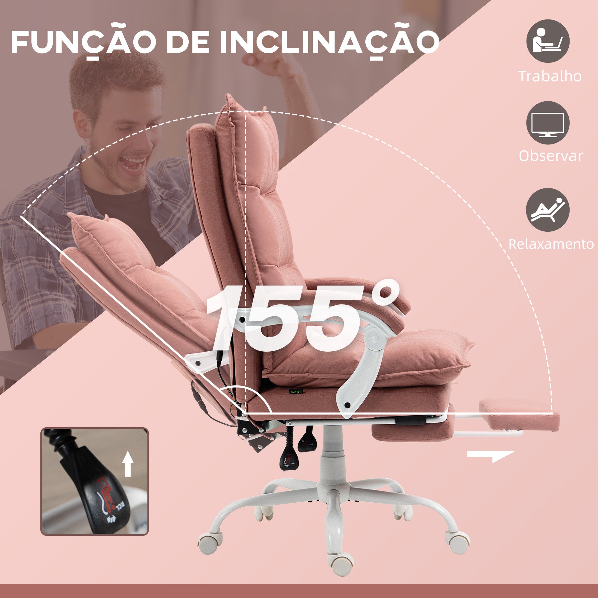 Cadeira de Escritório com Massagem Vibratória e Aquecimento 66x74x121.5 cm Rosa