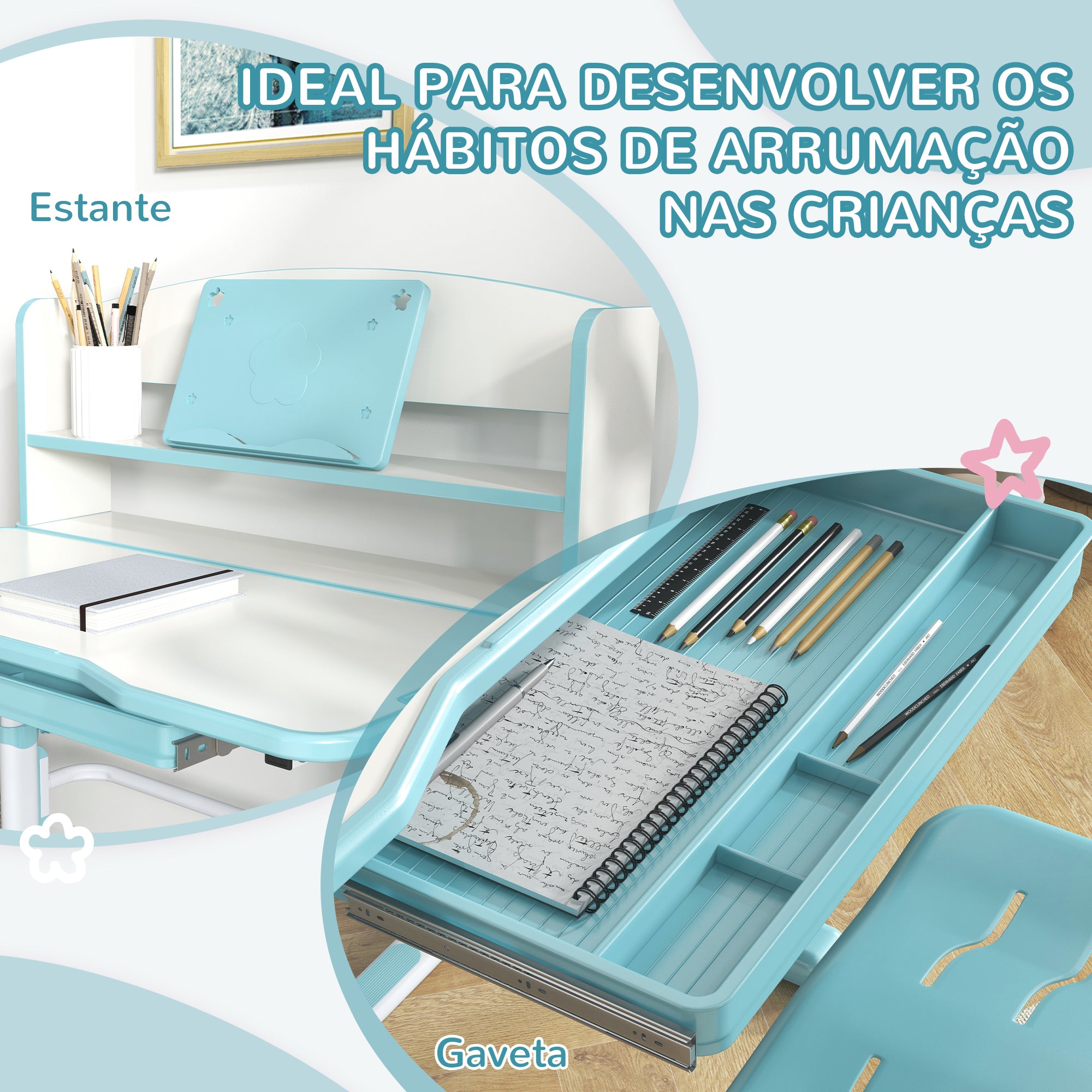 Conjunto Secretária e Cadeira Infantil Ajustáveis 80x54,5x82-104 cm Azul