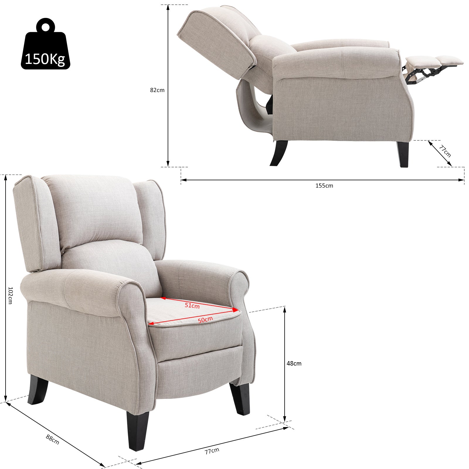 Poltrona Reclinável Cinza Claro 77x88x102 cm
