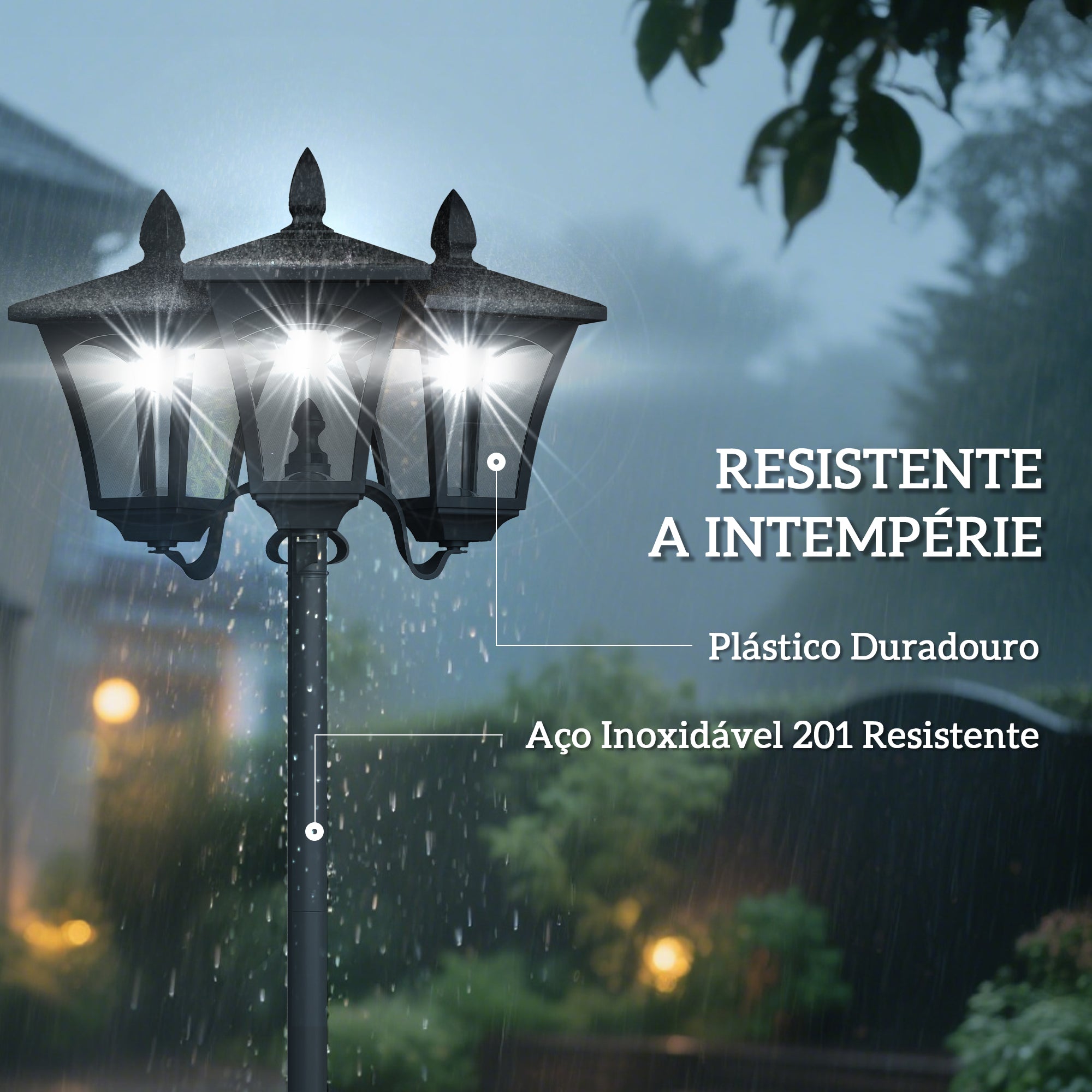 Candeeiro Solar para Exterior com 3 Luzes LED IP44 51,5x47x182,5cm Preto