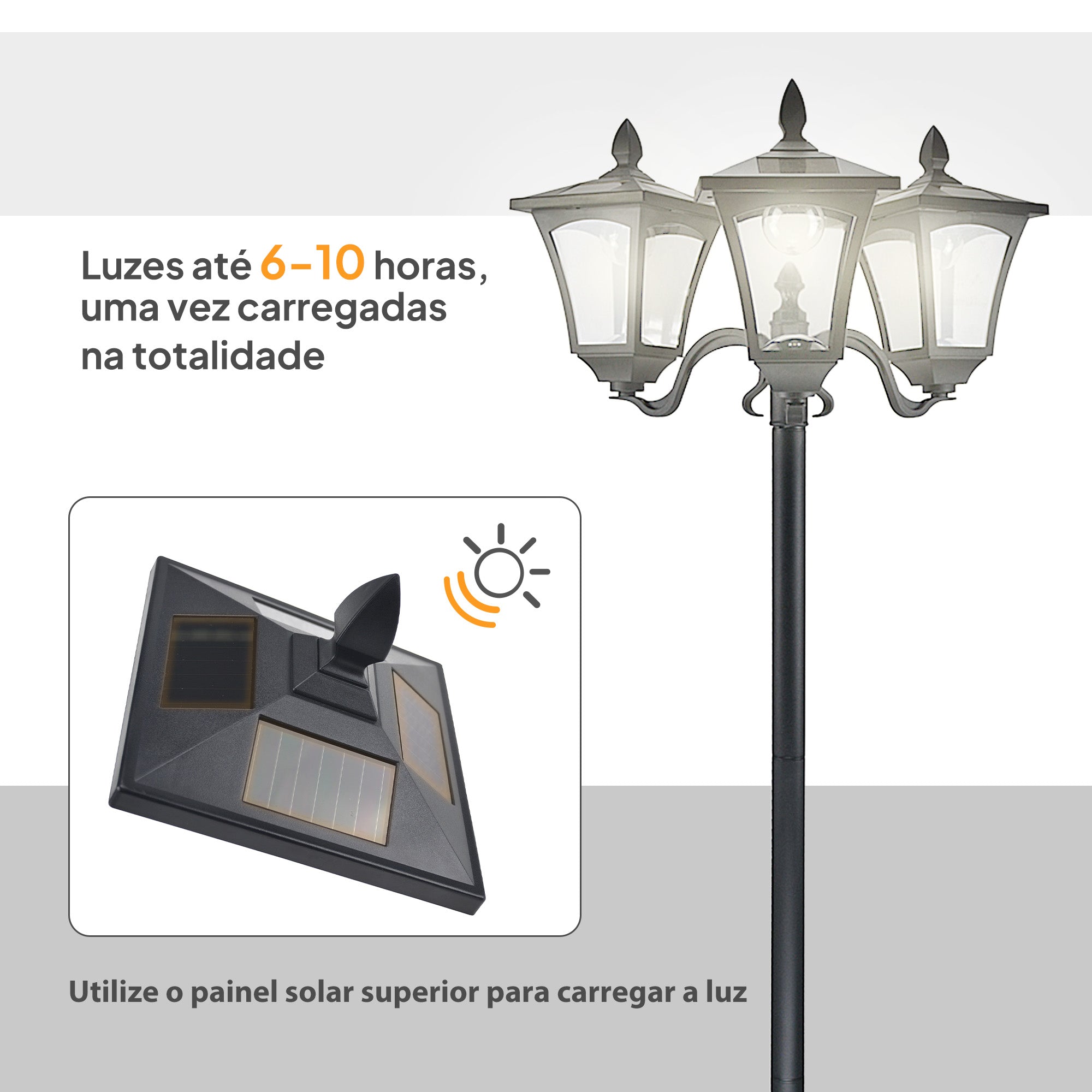 Candeeiro Solar para Exterior com 3 Luzes LED IP44 51,5x47x182,5cm Preto