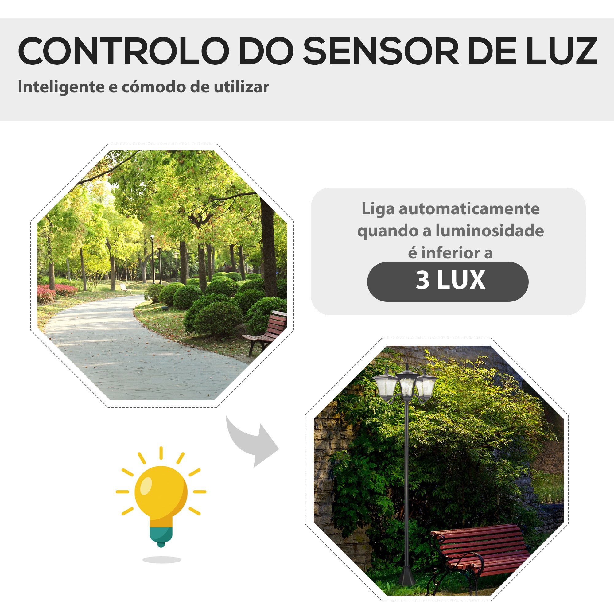 Candeeiro Solar para Exterior com 3 Luzes LED IP44 51,5x47x182,5cm Preto