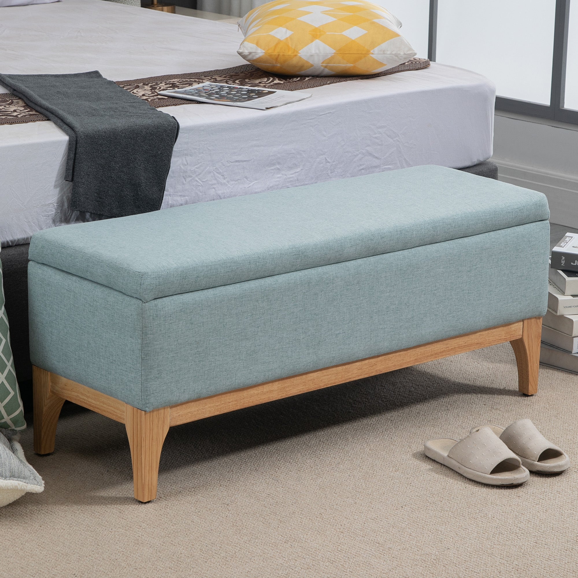 Banco Acolchoado com Armazenamento – 110x39x45 cm – Cinzento Azulado – Poliéster e Madeira de Borracha