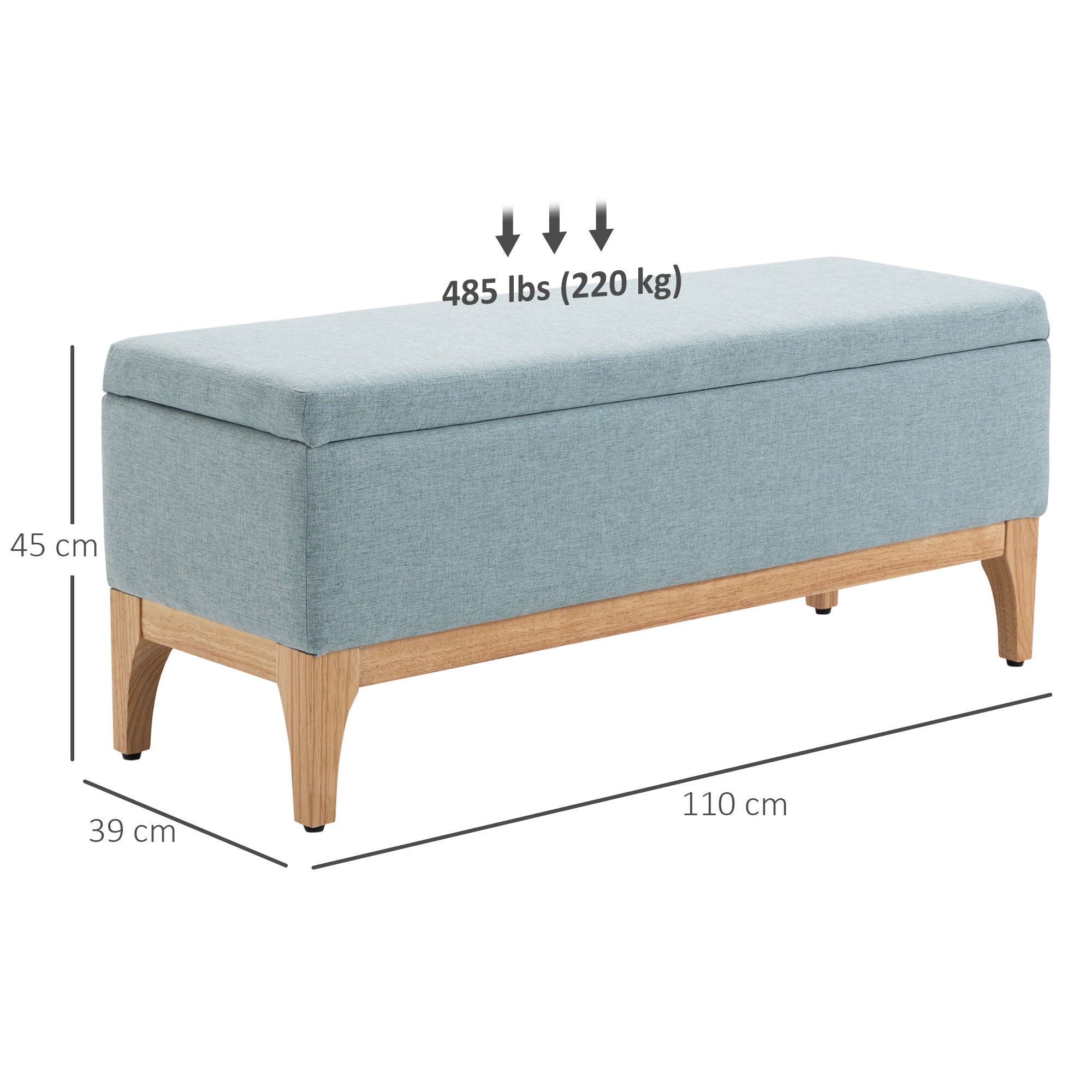 Banco Acolchoado com Armazenamento – 110x39x45 cm – Cinzento Azulado – Poliéster e Madeira de Borracha
