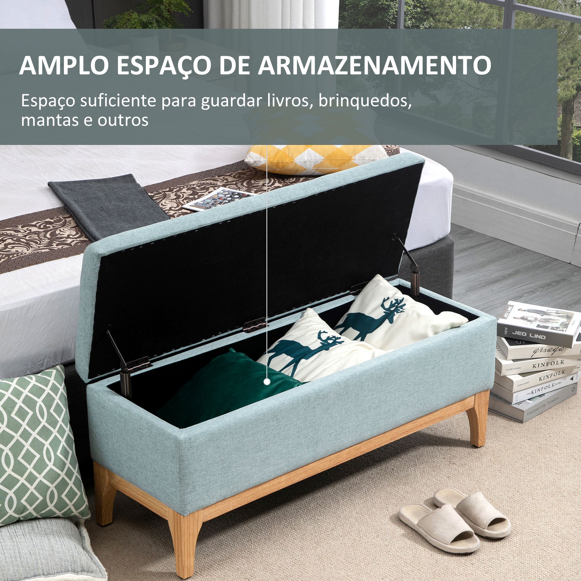 Banco Acolchoado com Armazenamento – 110x39x45 cm – Cinzento Azulado – Poliéster e Madeira de Borracha
