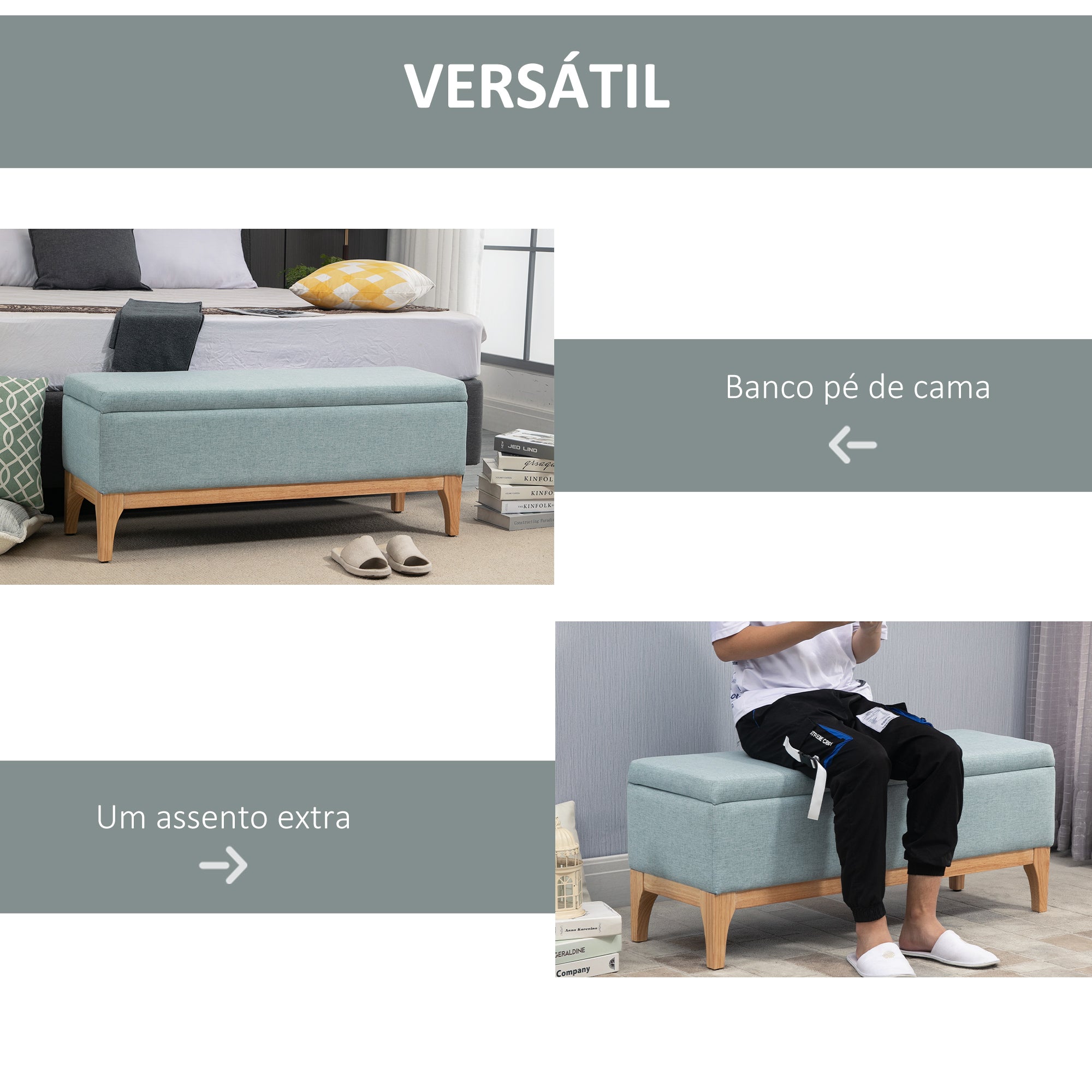 Banco Acolchoado com Armazenamento – 110x39x45 cm – Cinzento Azulado – Poliéster e Madeira de Borracha