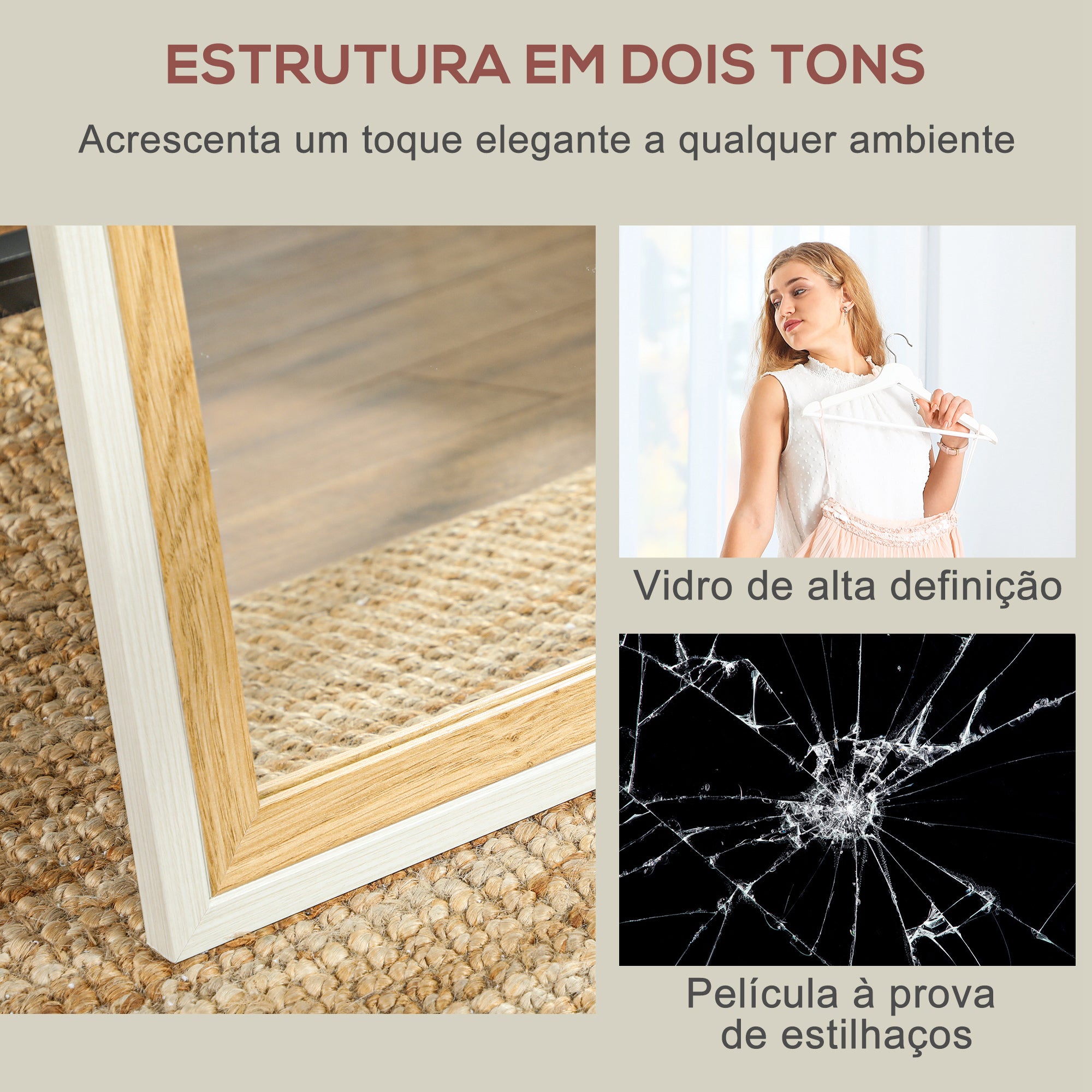 Espelho de Pé – 37x157 cm – Branco e Madeira Escura – MDF