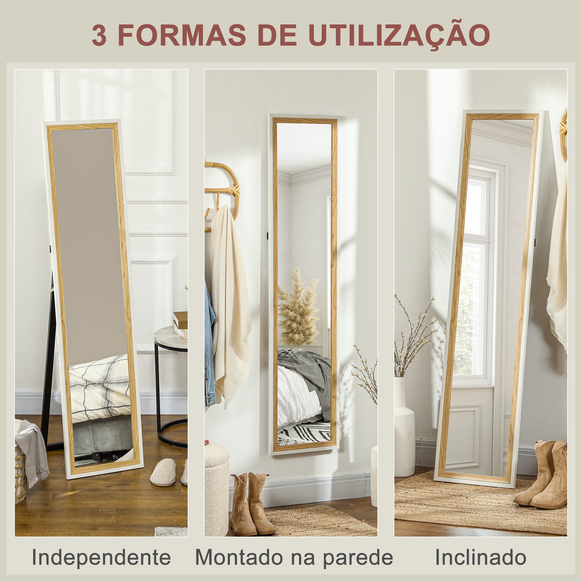Espelho de Pé – 37x157 cm – Branco e Madeira Escura – MDF