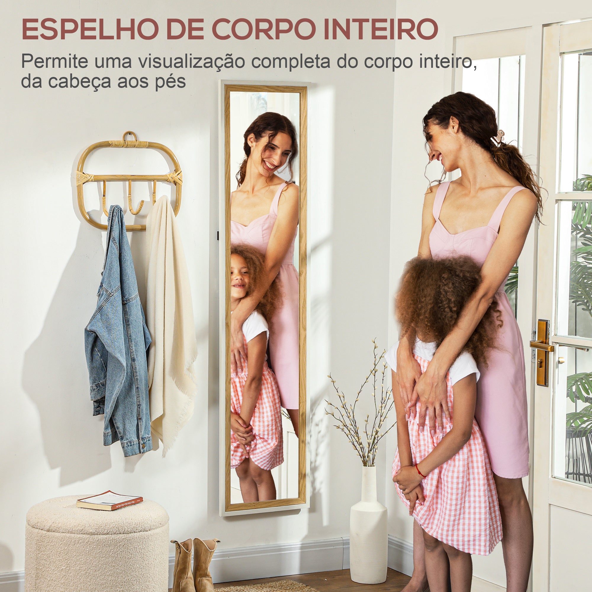 Espelho de Pé – 37x157 cm – Branco e Madeira Escura – MDF