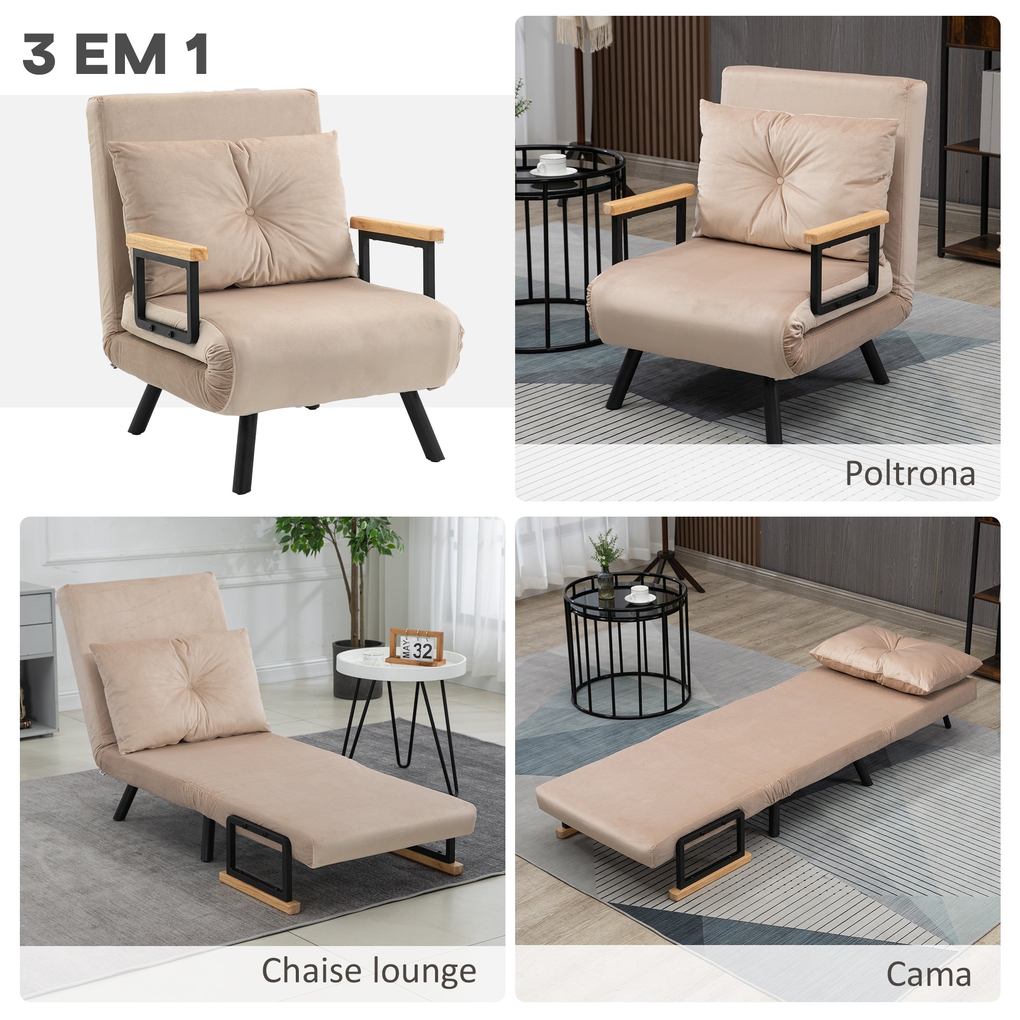 Poltrona 3 em 1 Convertível em Cama 63x73x81 cm Bege