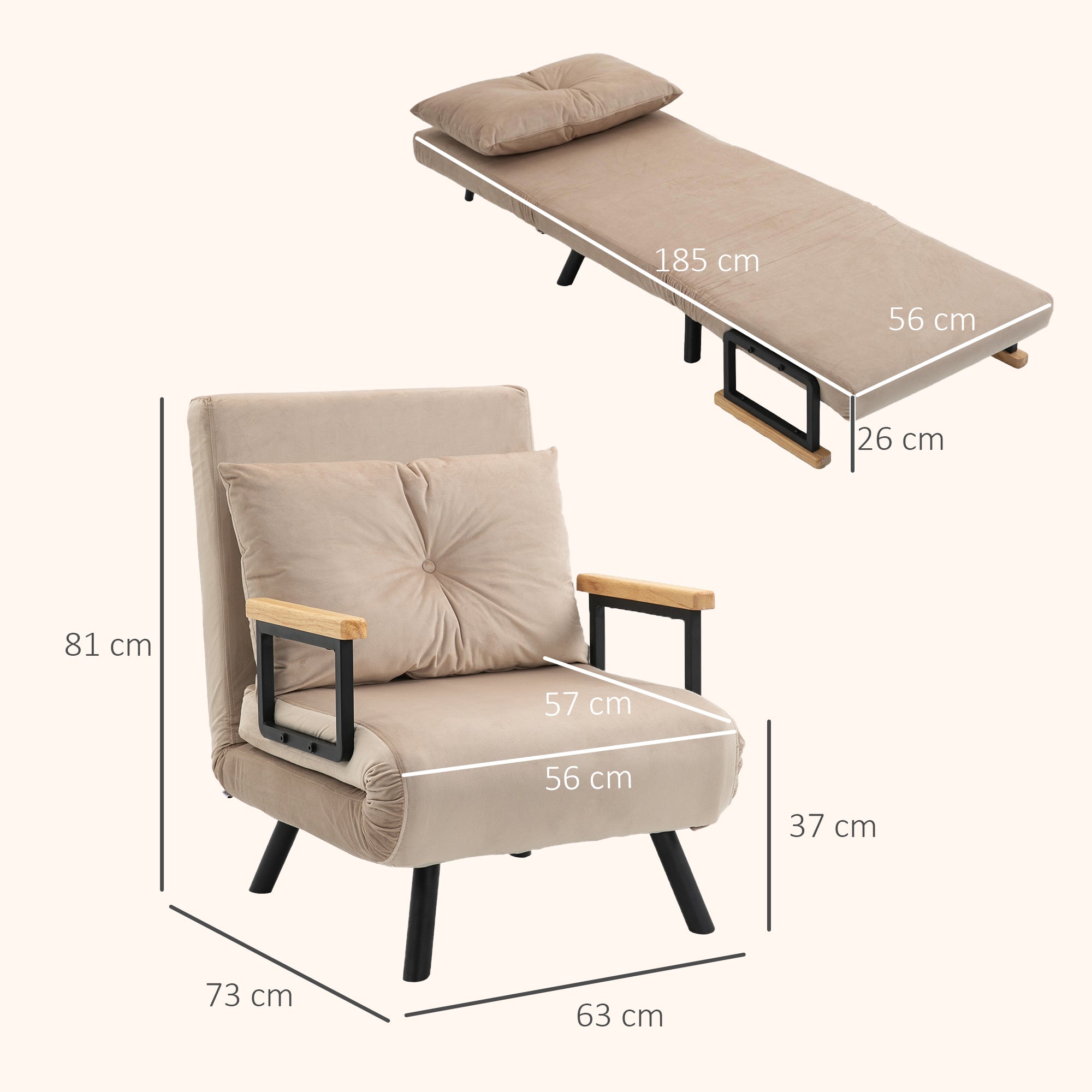 Poltrona Convertível em Cama – 63x73x81 cm – Bege – Aço, poliéster, madeira de borracha