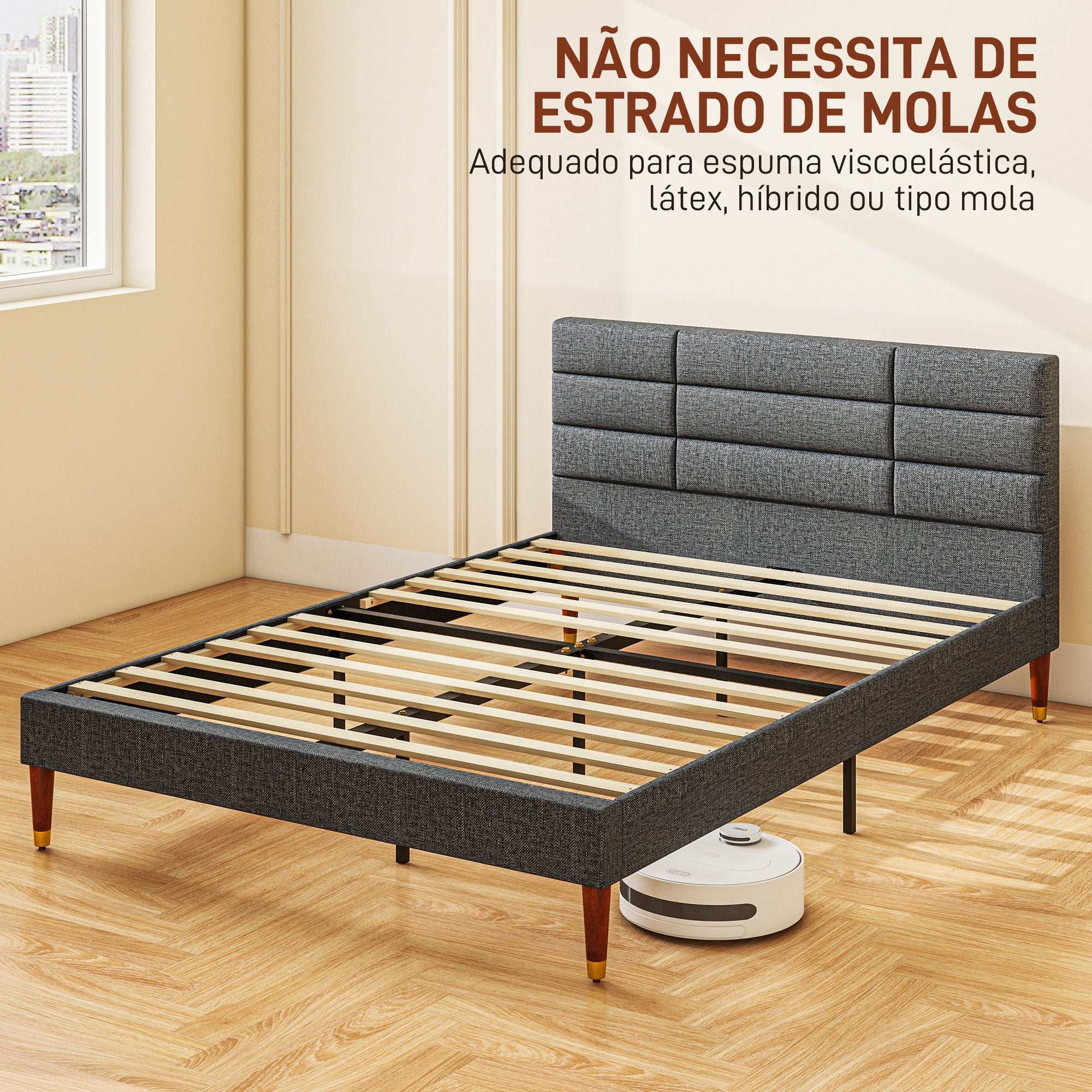 Estrutura de Cama de Casal 140x200 cm em Linho Cinzento
