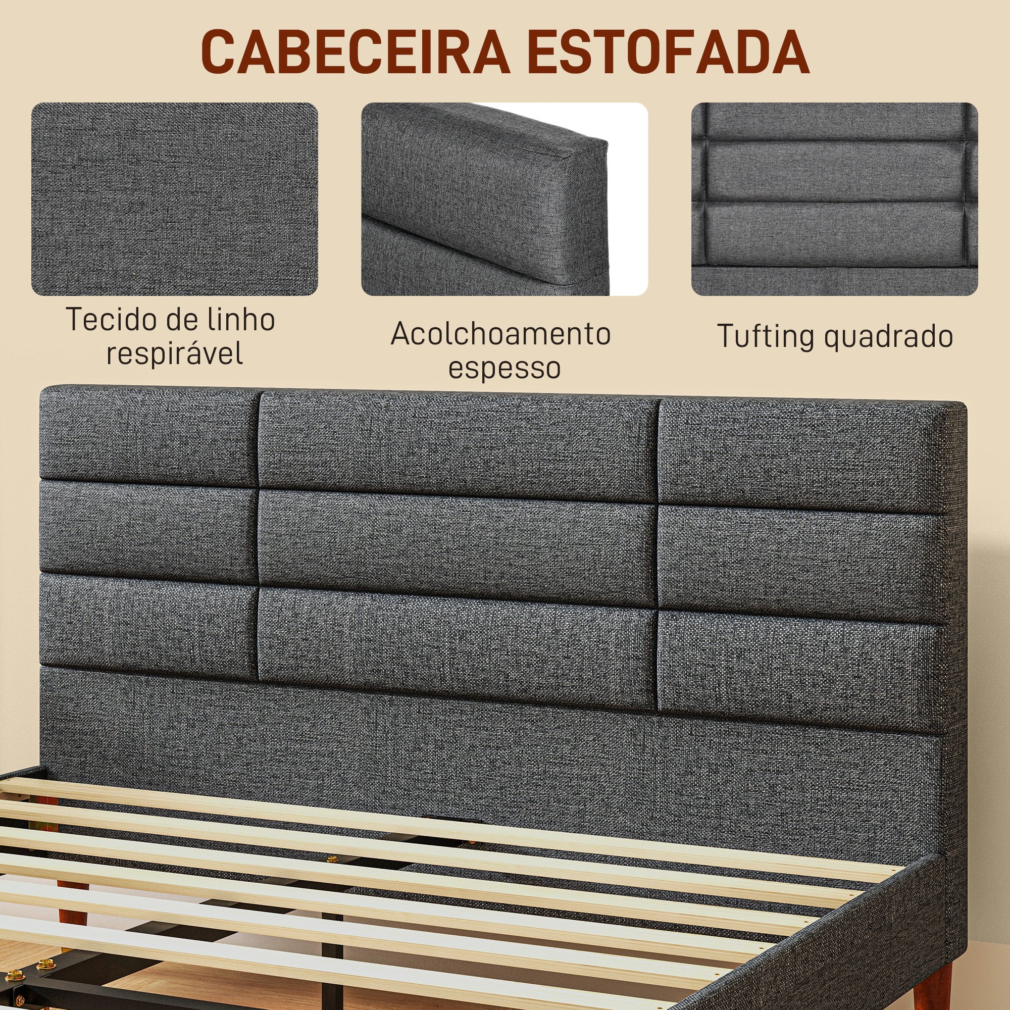 Estrutura de Cama de Casal 140x200 cm em Linho Cinzento