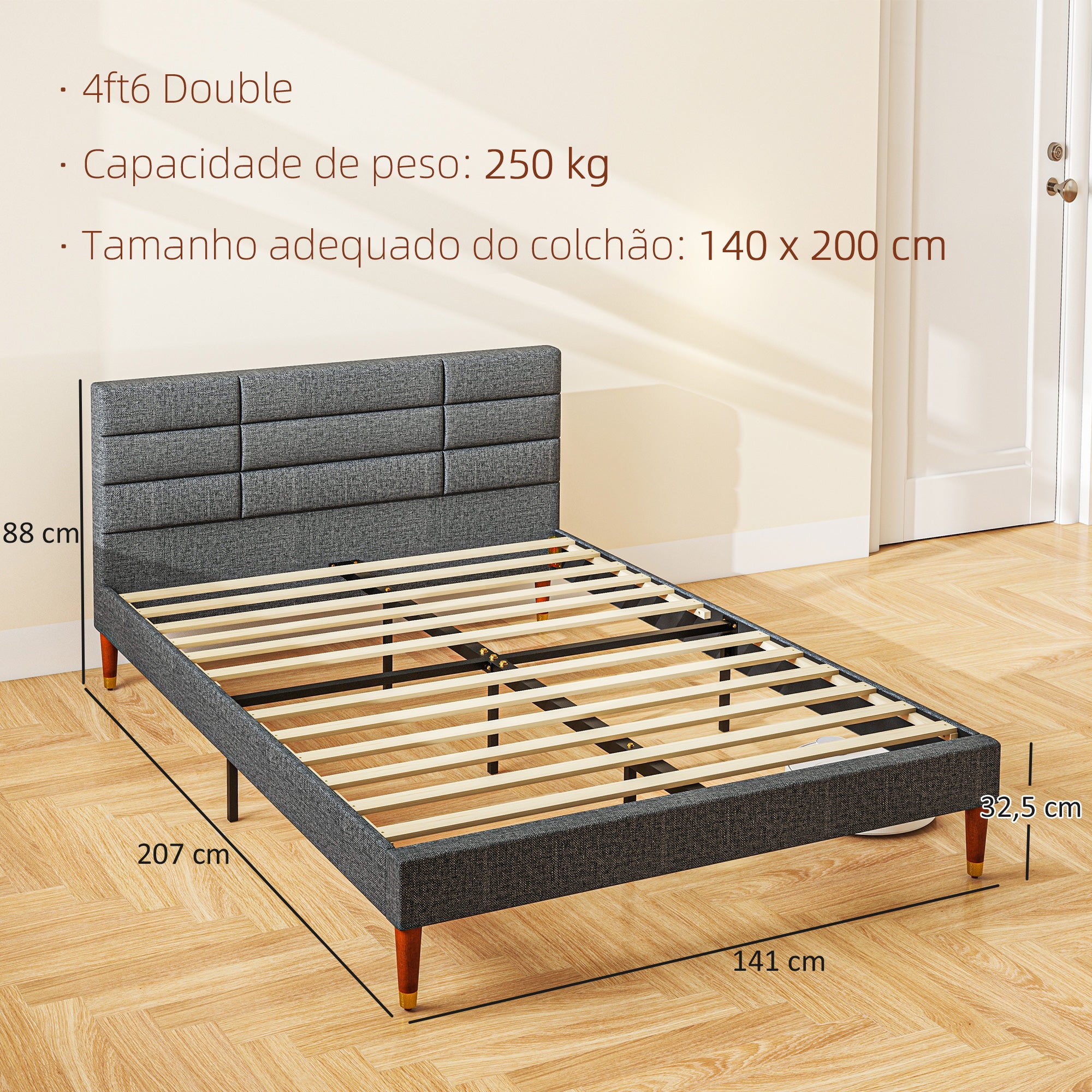 Estrutura de Cama de Casal 140x200 cm em Linho Cinzento