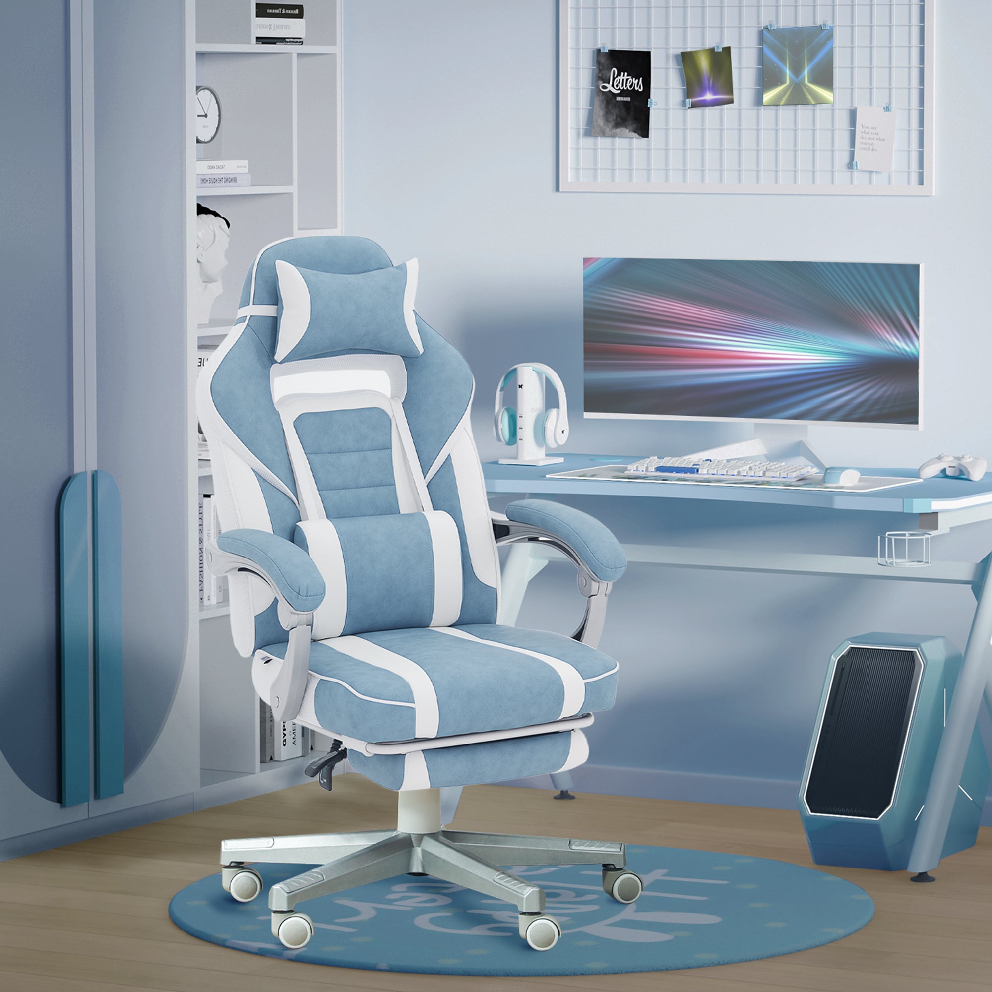 Cadeira Reclinável de Escritório com Apoio para os Pés - 63x63x115,5-123 cm - Azul Claro