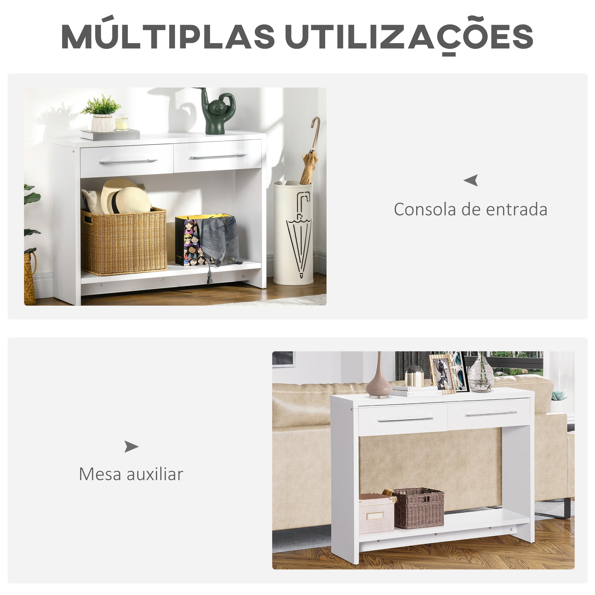 Mesa Consola com 2 Gavetas e Prateleira de Armazenamento - 101,6x28x76,2 cm - Branco
