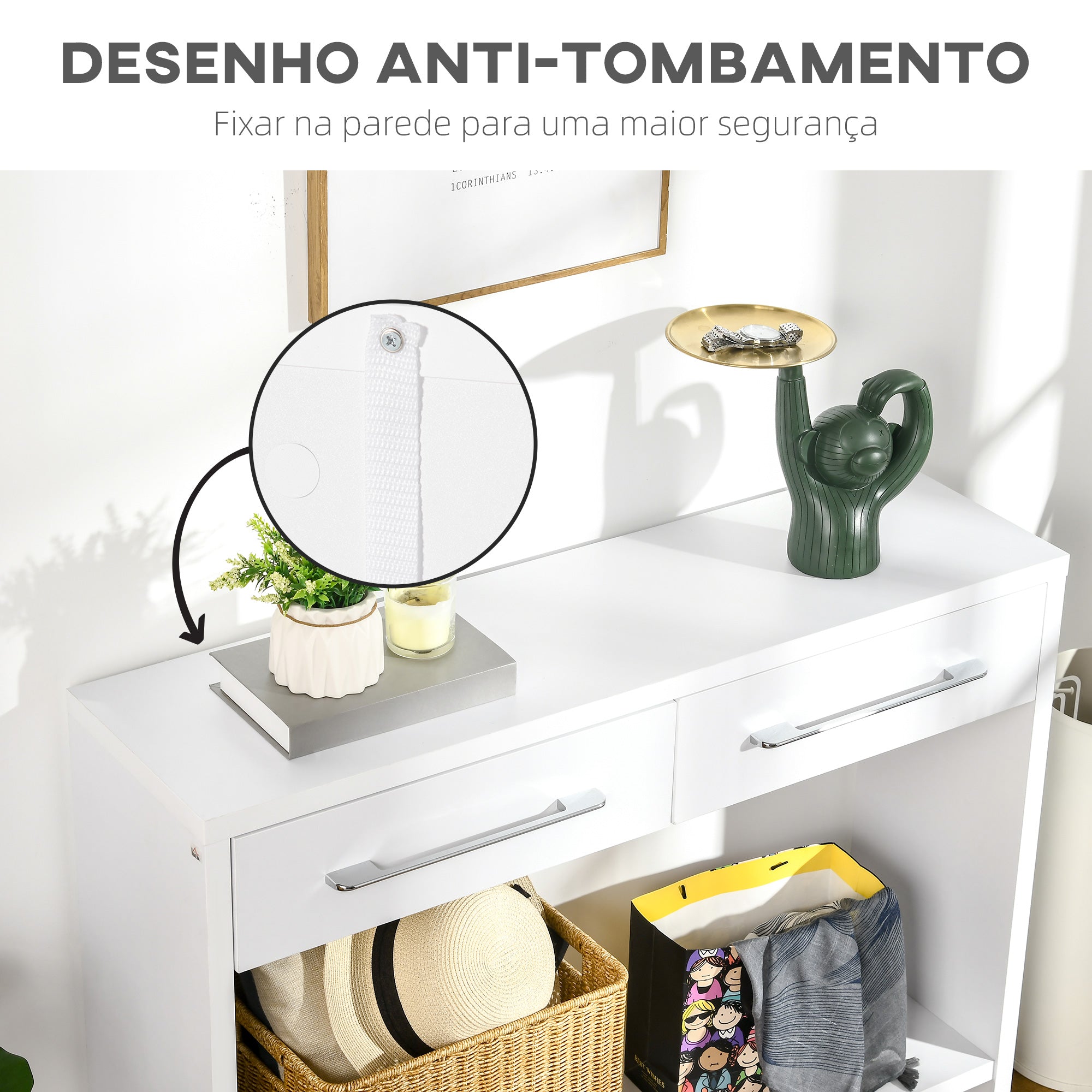 Mesa Consola com 2 Gavetas e Prateleira de Armazenamento - 101,6x28x76,2 cm - Branco