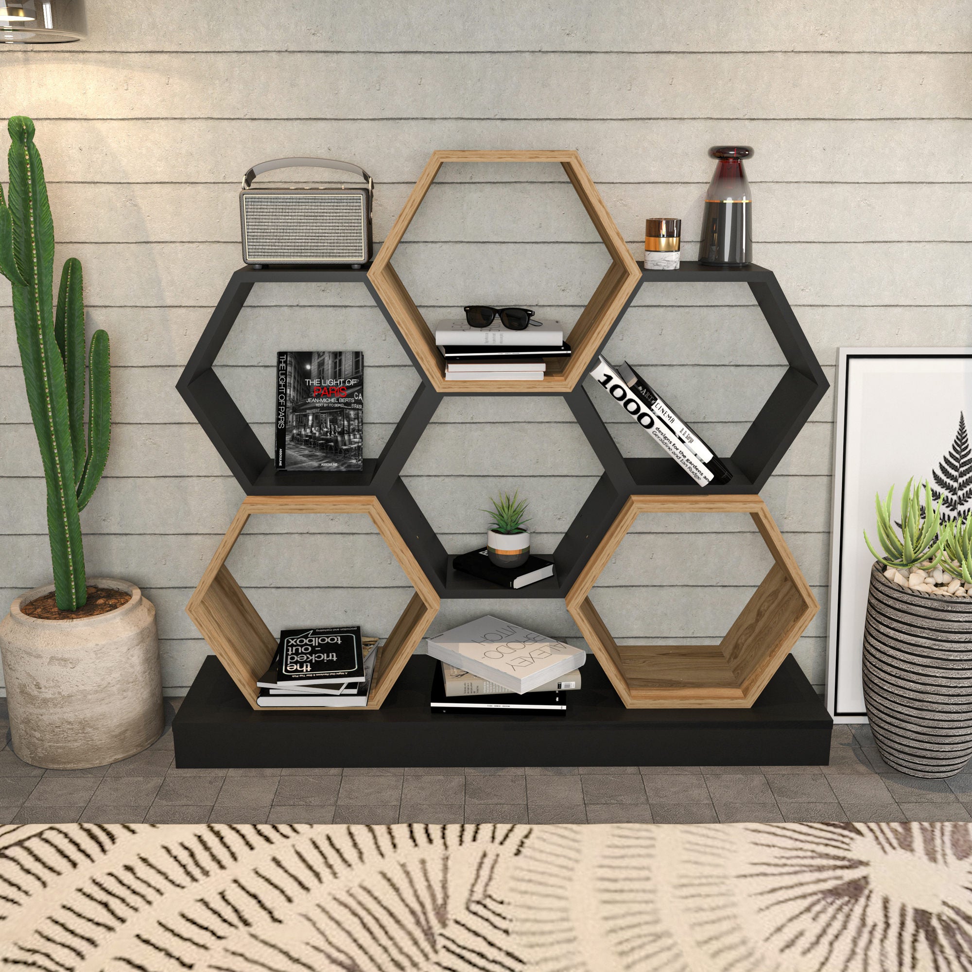 Estante moderna, preta e carvalho, 120 x 29,5 x 109 cm | Painel de partículas 100% revestido de melamina, 18 mm de espessura | Armazenamento elegante para casa e escritório