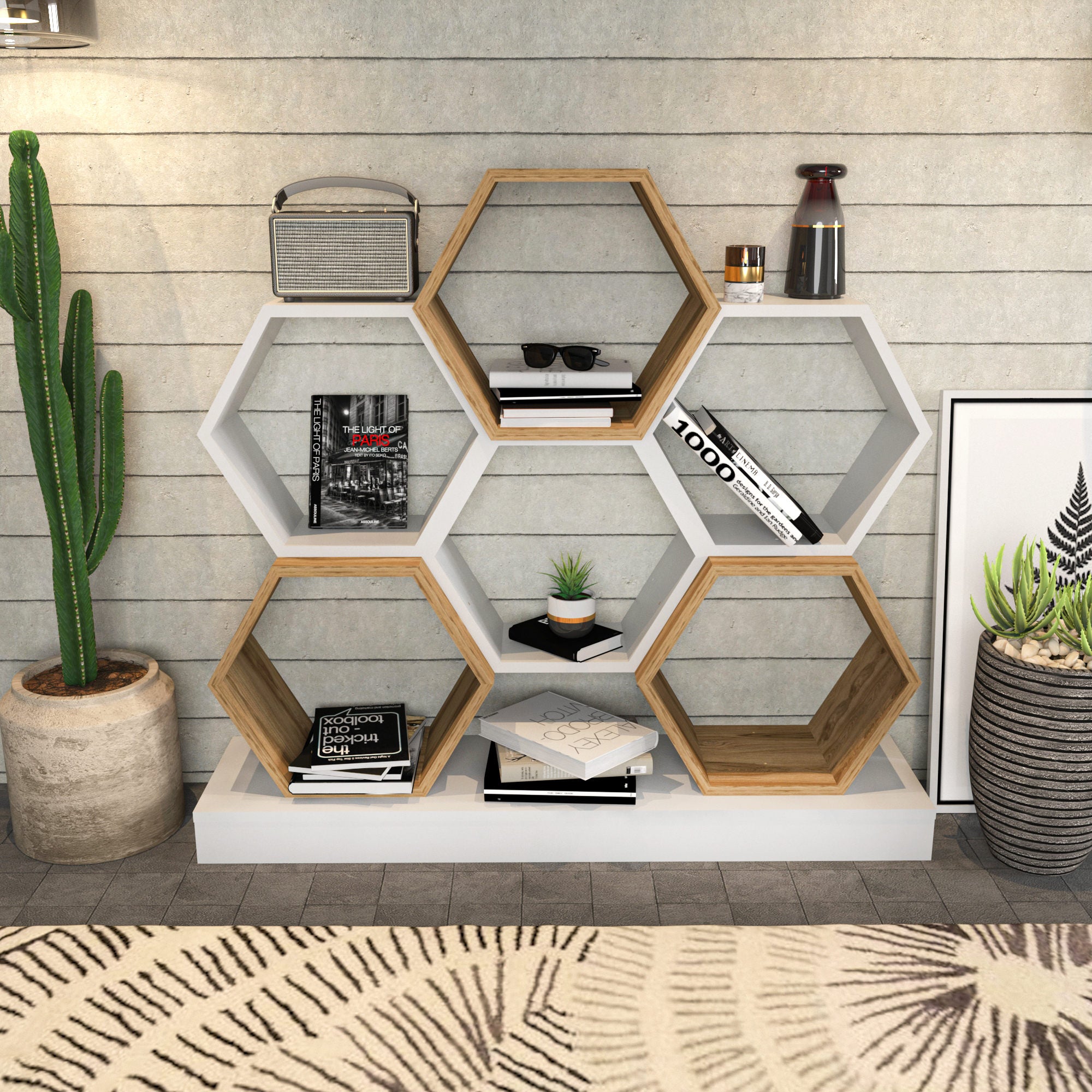 Estante moderna, branca e carvalho, 120 x 29,5 x 109 cm | Painel de partículas 100% revestido de melamina, 18 mm de espessura | Armazenamento elegante para casa e escritório