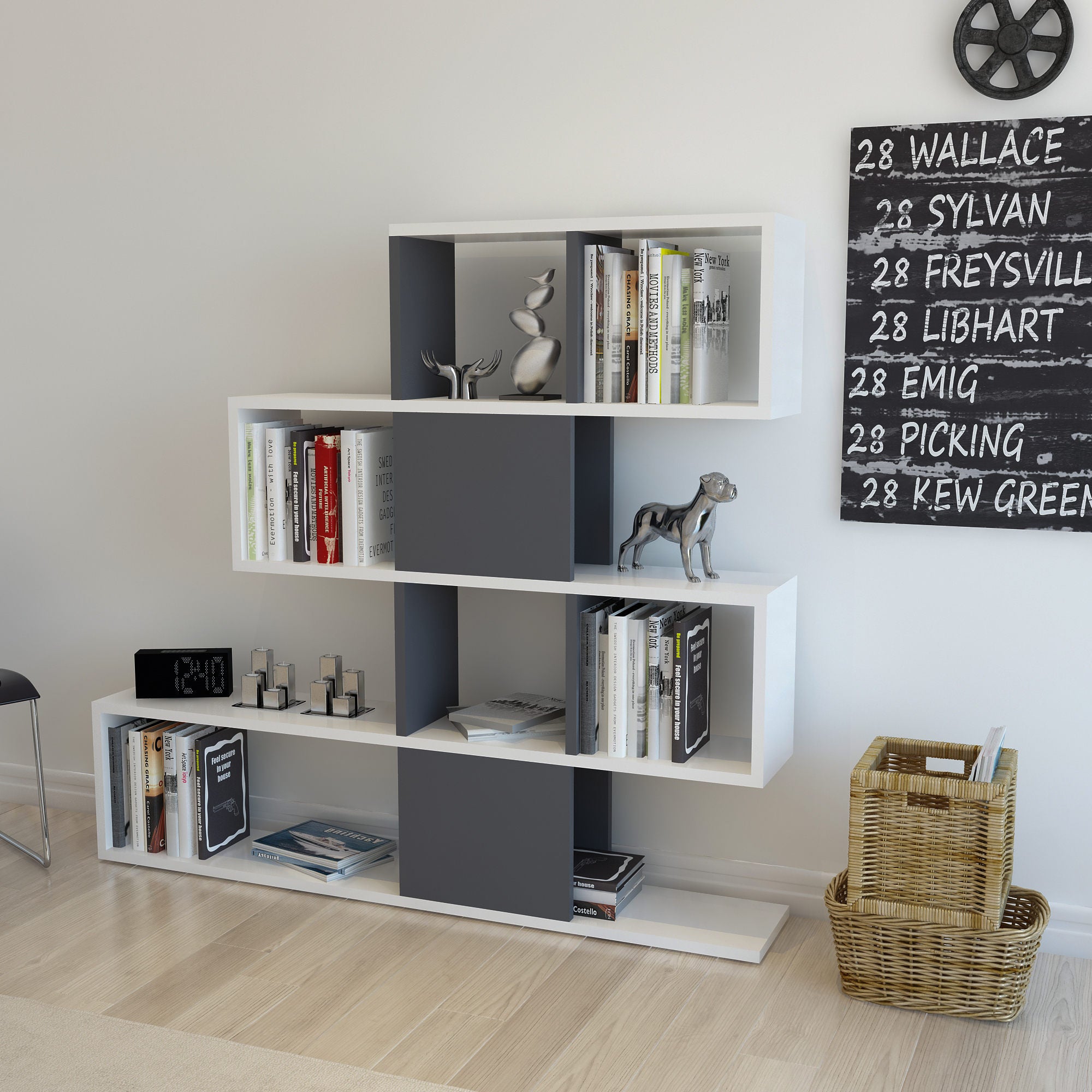 Estante moderna, branca e antracite, 120 x 19,5 x 109 cm | Painel de partículas 100% revestido de melamina, 18 mm de espessura | Armazenamento elegante para casa e escritório