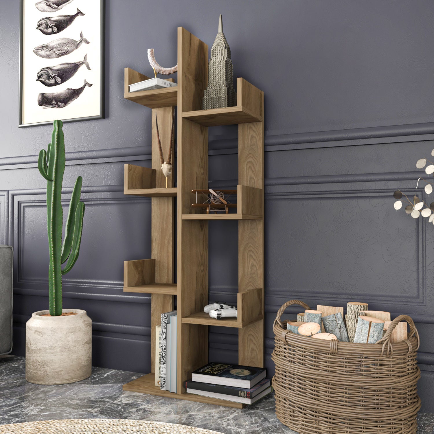 Estante moderna em carvalho Oud, 50 x 22 x 173 cm | Painel de partículas 100% revestido em melamina, 18 mm de espessura | Armazenamento elegante e funcional para casa e escritório
