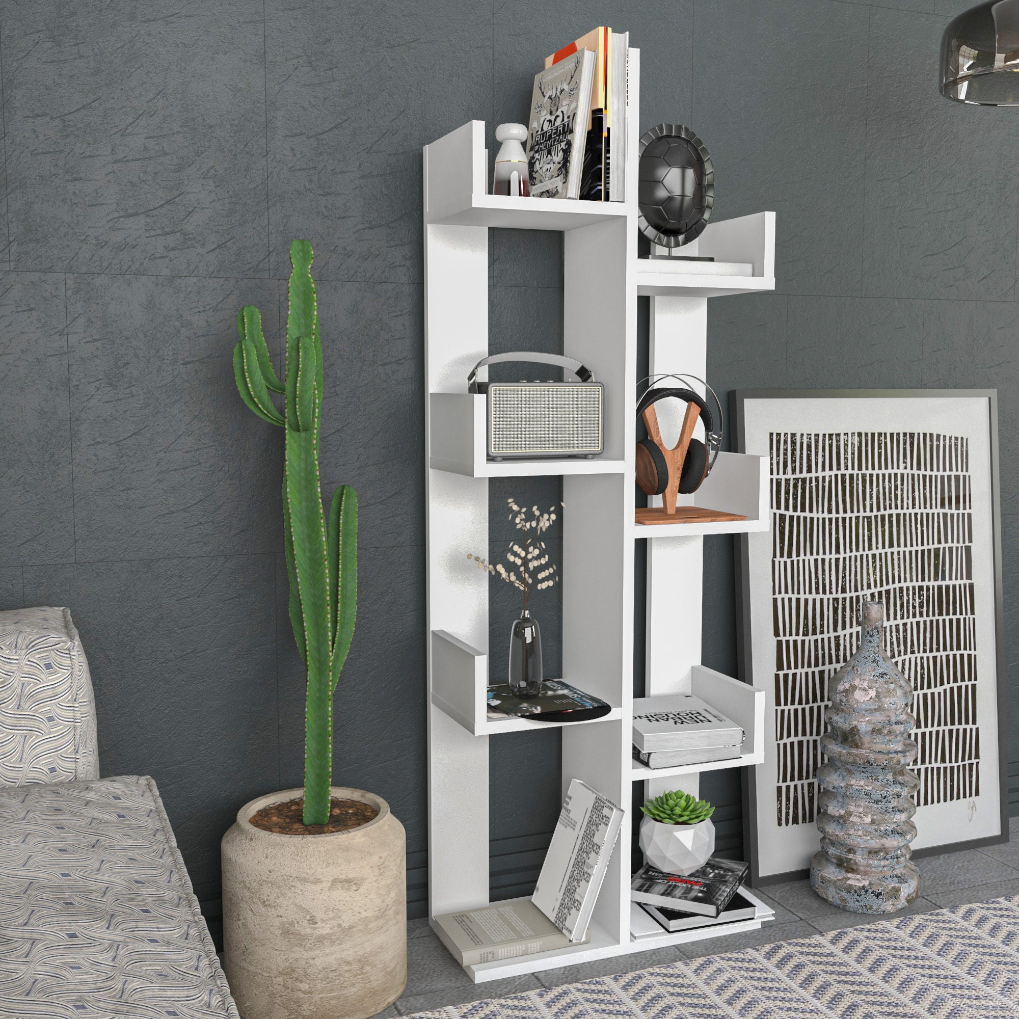 Estante branca moderna, 137 cm de altura, 50 cm de largura, 22 cm de profundidade | Painel de partículas 100% revestido de melamina, 18 mm de espessura | Armazenamento elegante para casa e escritório